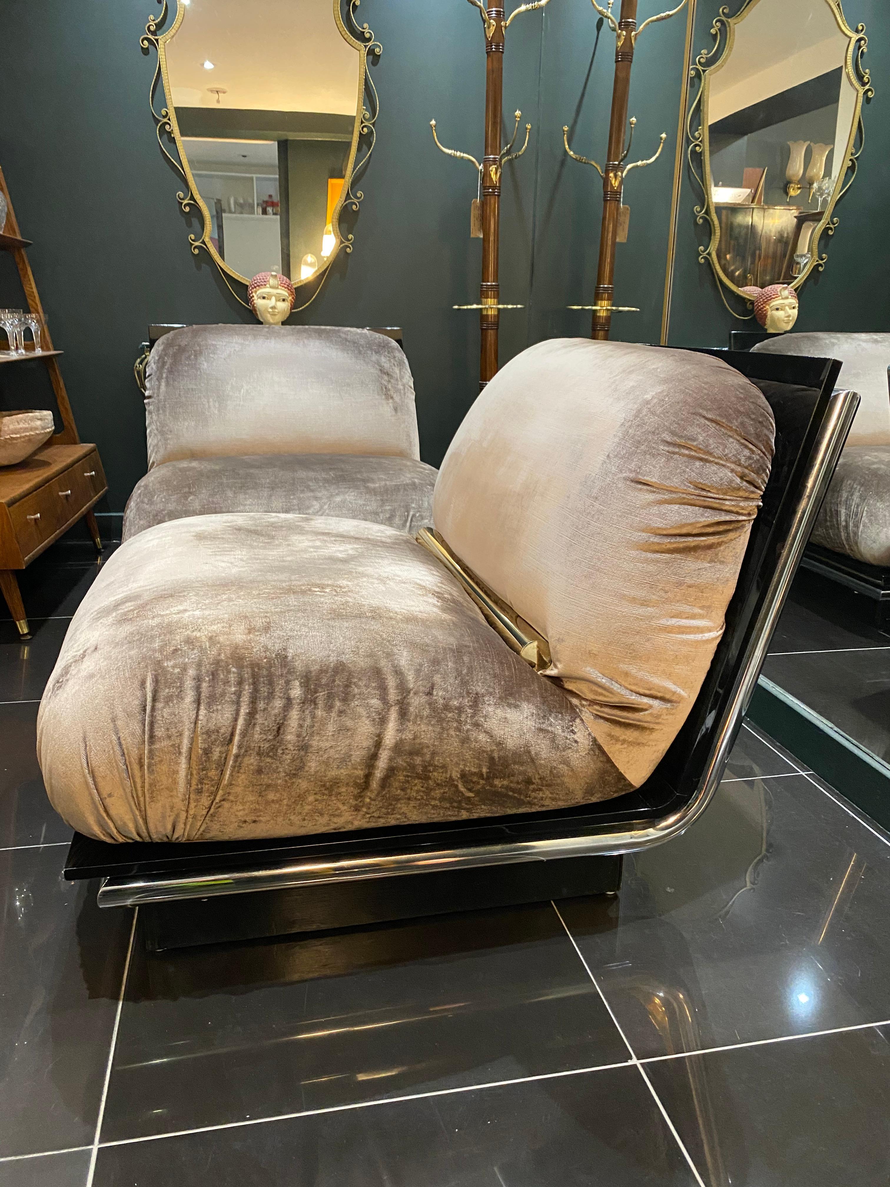 Brass Pair of exceptional French 1970s Smoked Lucite and Silk Velvet Lounge Chairs