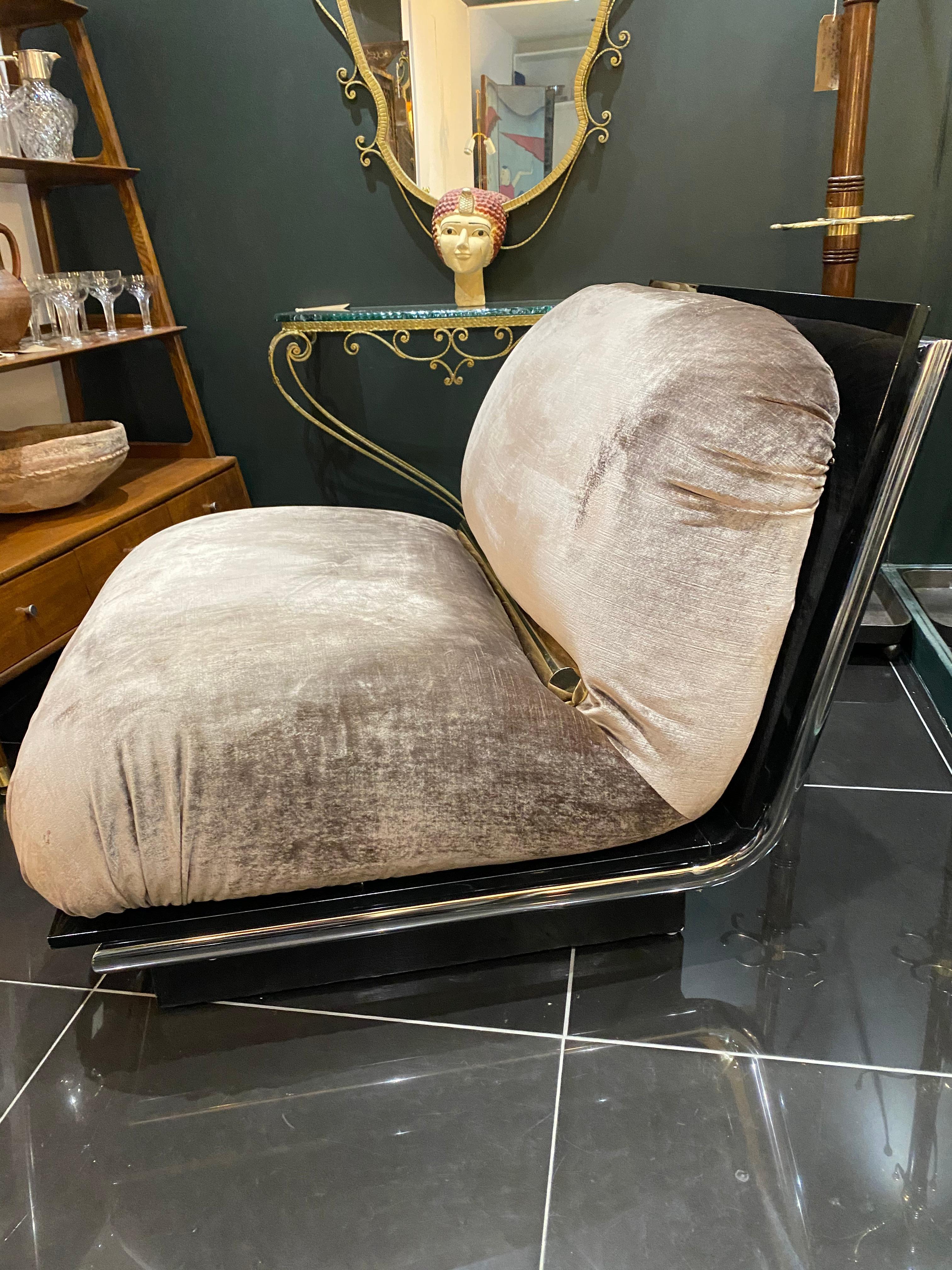 Pair of exceptional French 1970s Smoked Lucite and Silk Velvet Lounge Chairs 3