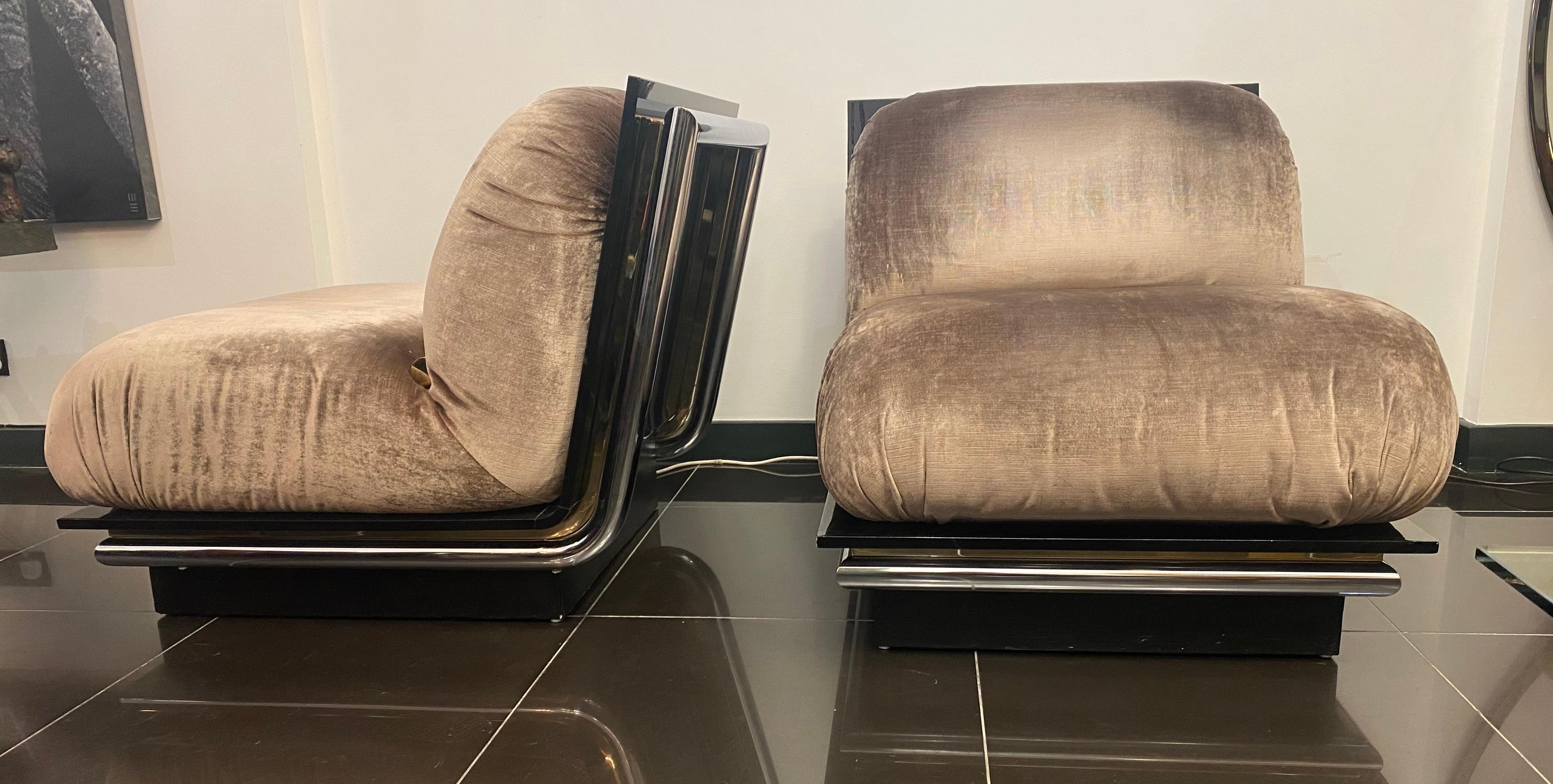 Pair of exceptional French 1970s Smoked Lucite and Silk Velvet Lounge Chairs 5