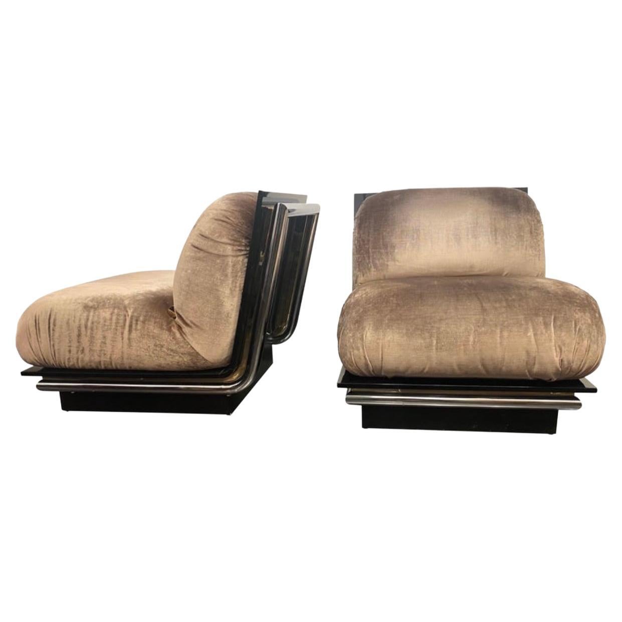 Pair of exceptional French 1970s Smoked Lucite and Silk Velvet Lounge Chairs