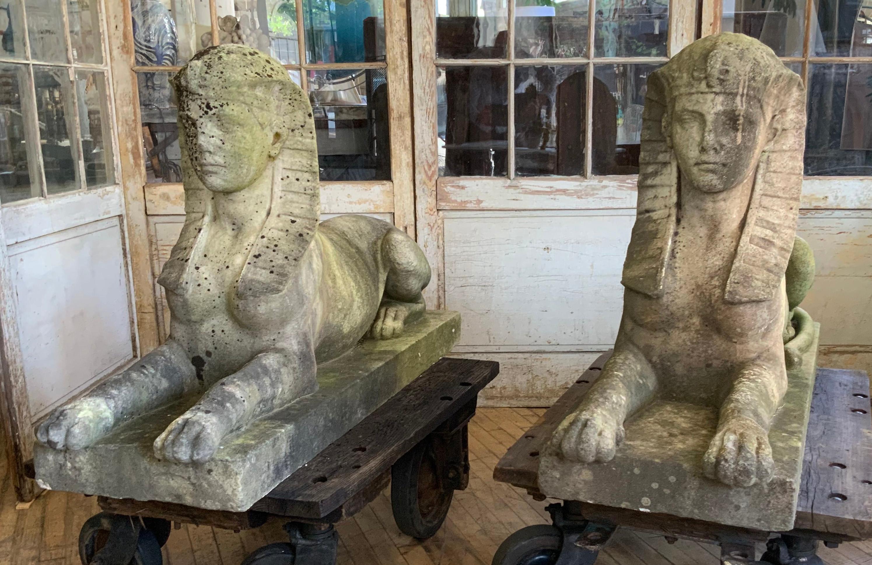 An incredible pair of antique 19th century carved marble Sphinx, circa 1885 from an estate in Massachusetts. The owners of the estate built a folly temple on the property where they would go to have tea in the afternoon, and the Sphinx flanked the