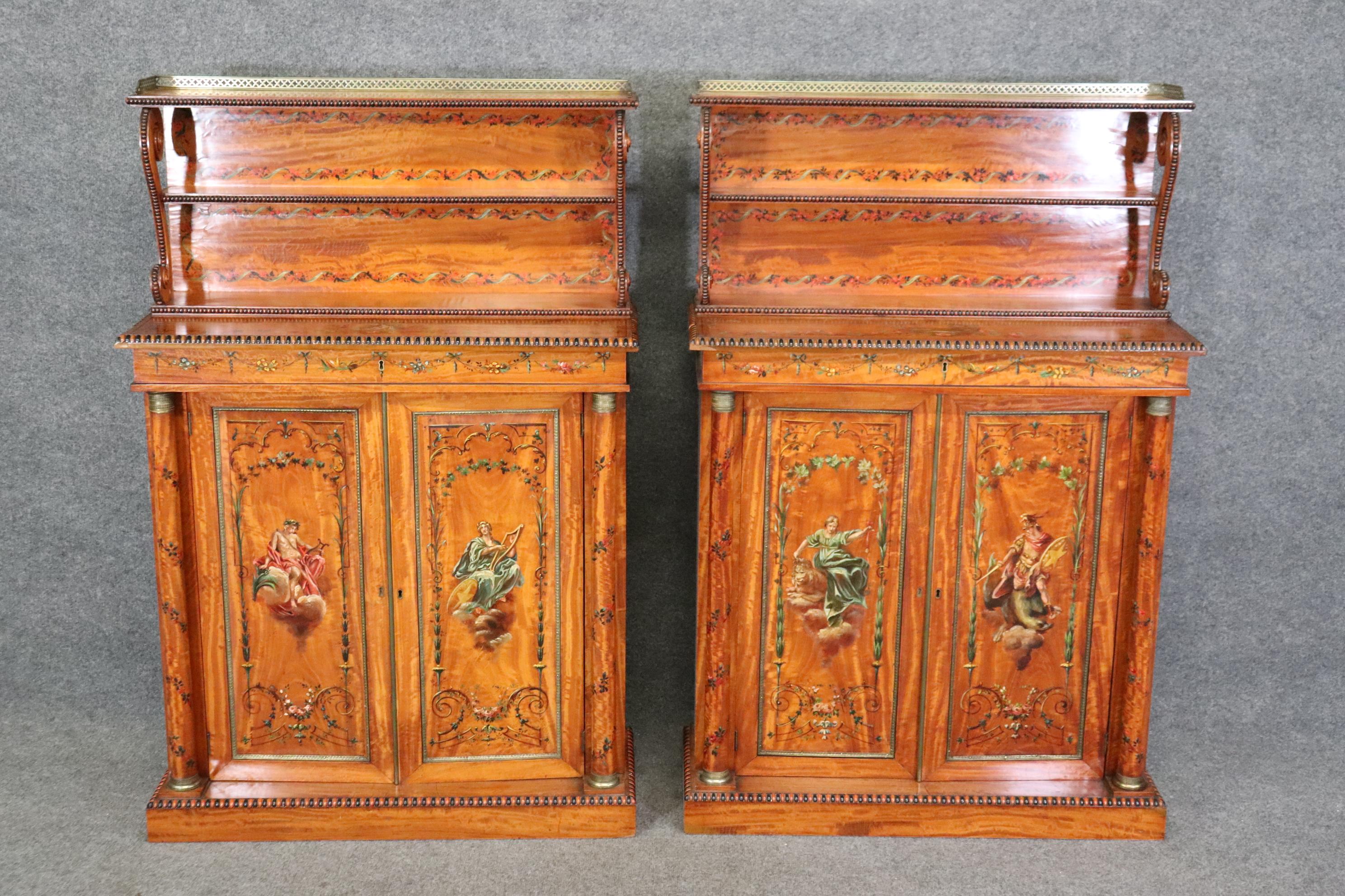 Pair of Exceptional Adams Paint Decorated Satinwood English Side Cabinets  In Good Condition For Sale In Swedesboro, NJ