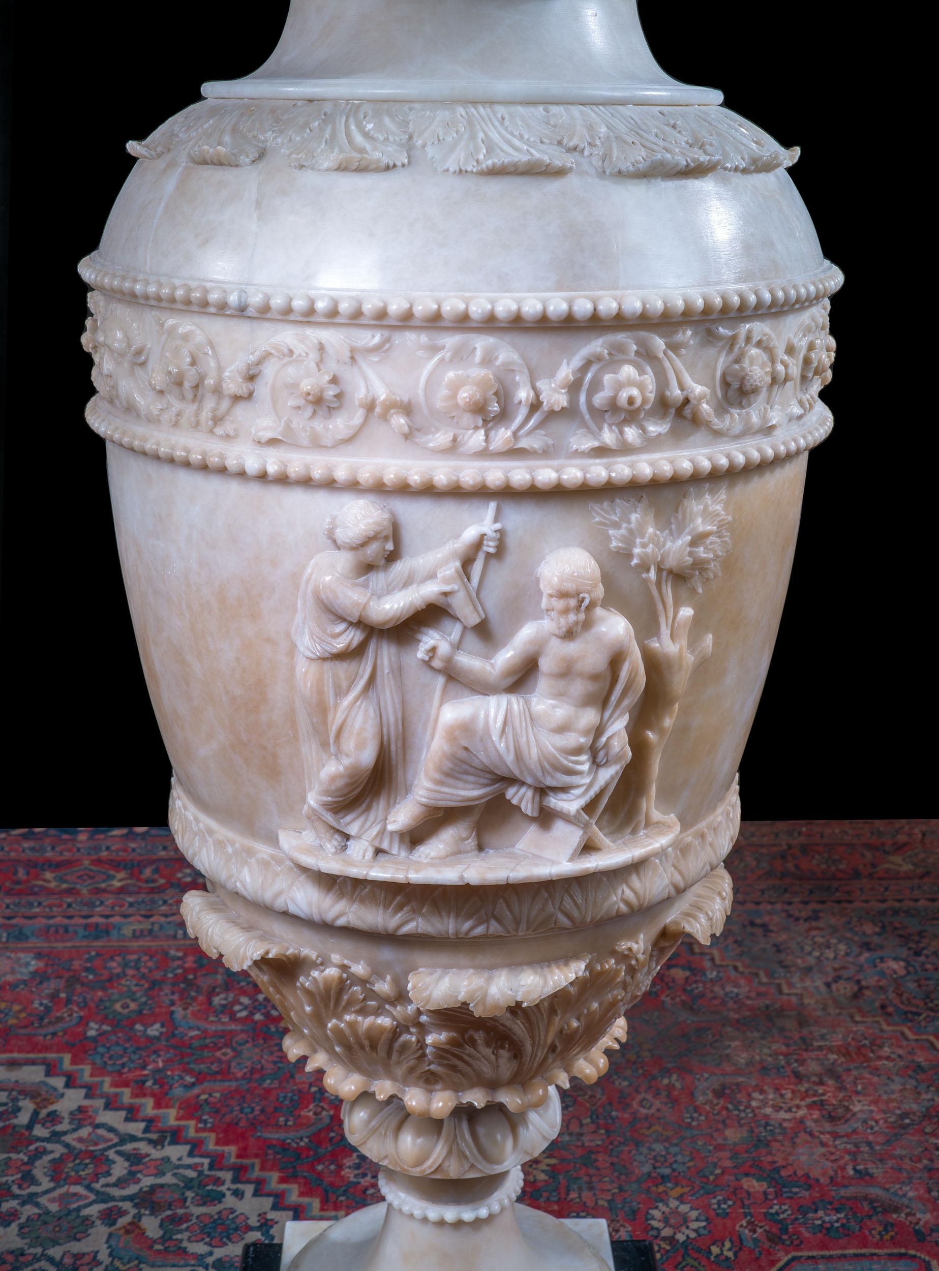 Pair of Exceptional Alabaster Lorenzo Bartolini Urns In Good Condition For Sale In London, GB