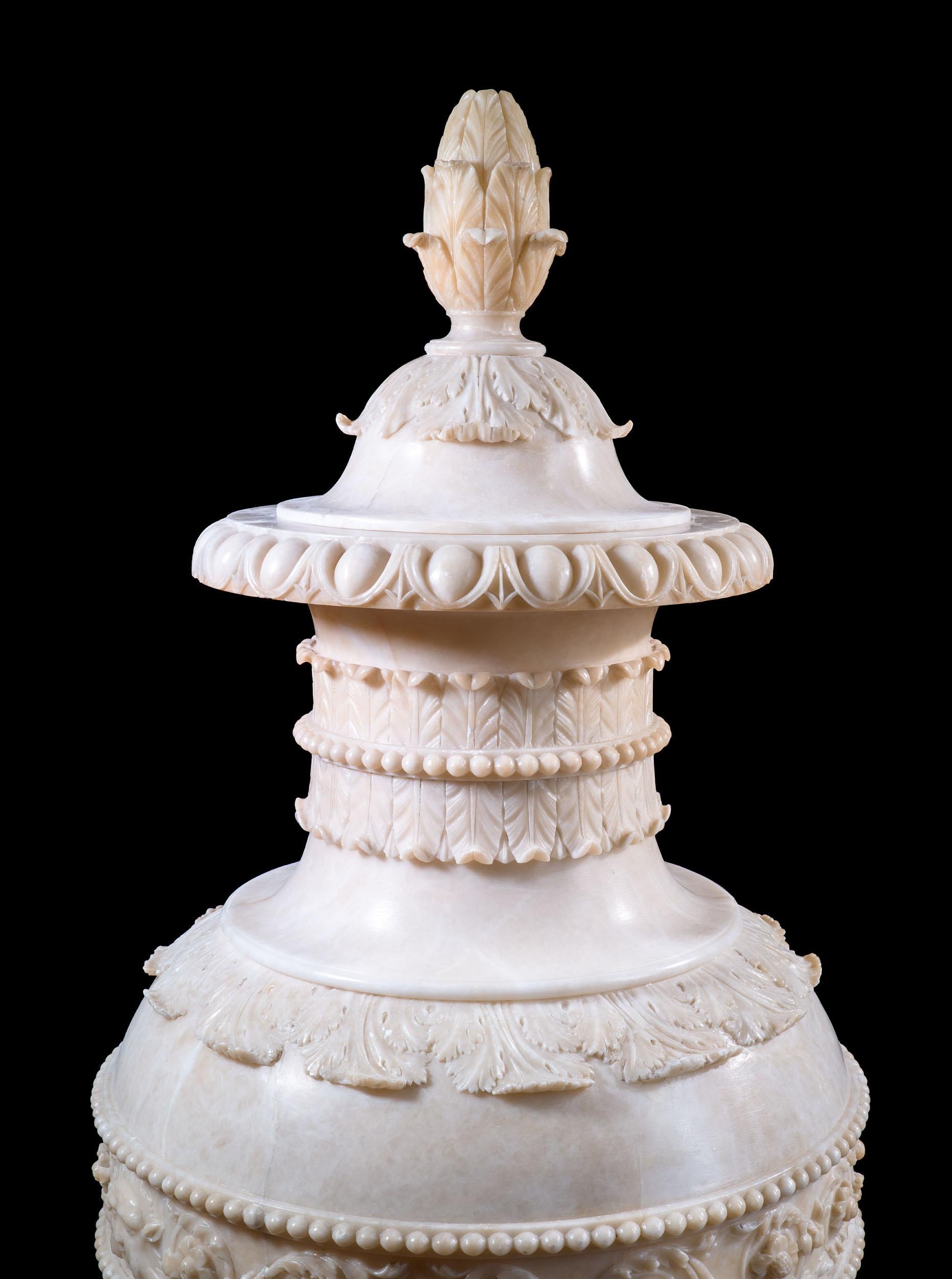 Pair of Exceptional Alabaster Lorenzo Bartolini Urns For Sale 2