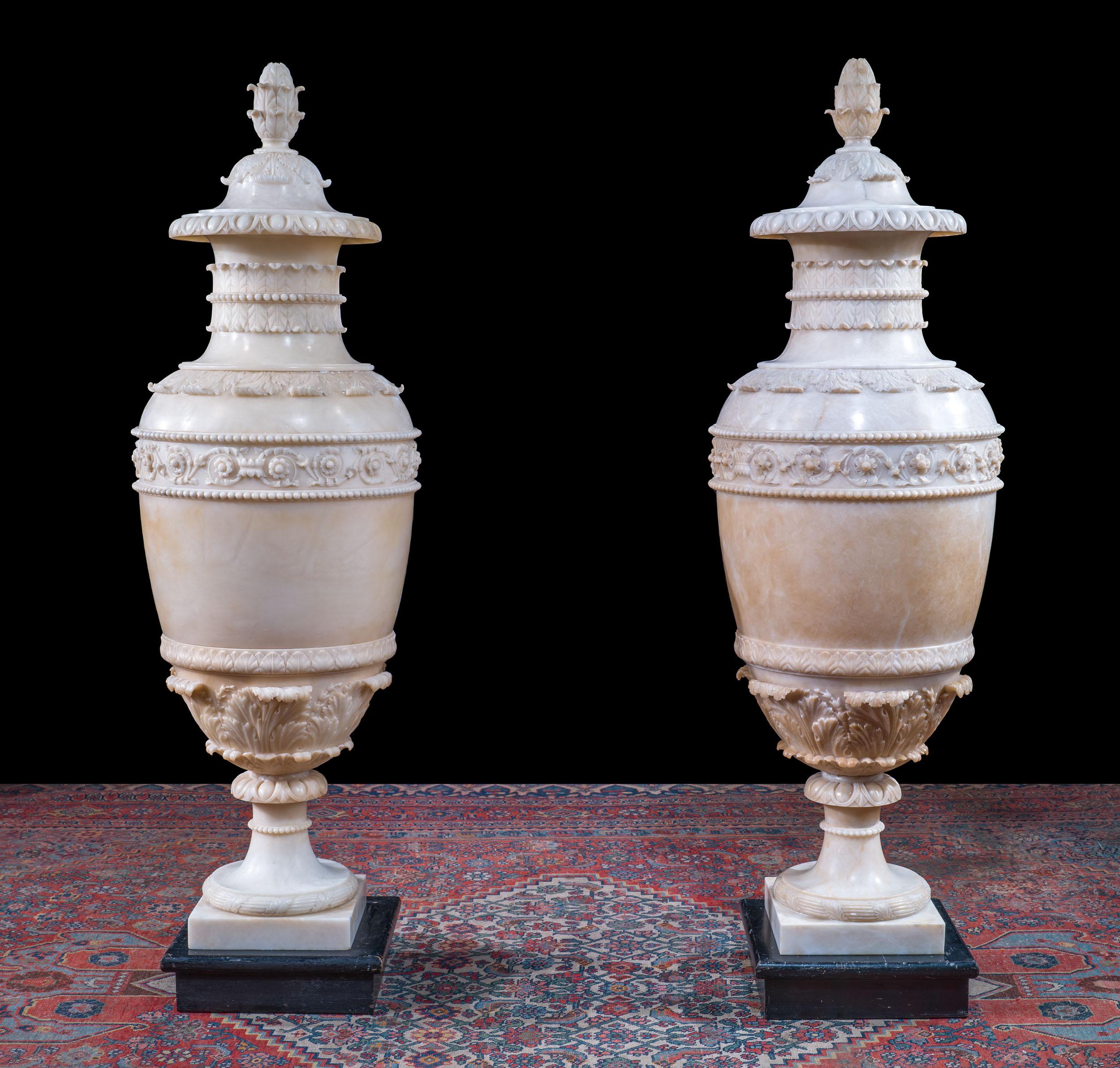 Pair of Exceptional Alabaster Lorenzo Bartolini Urns For Sale 3
