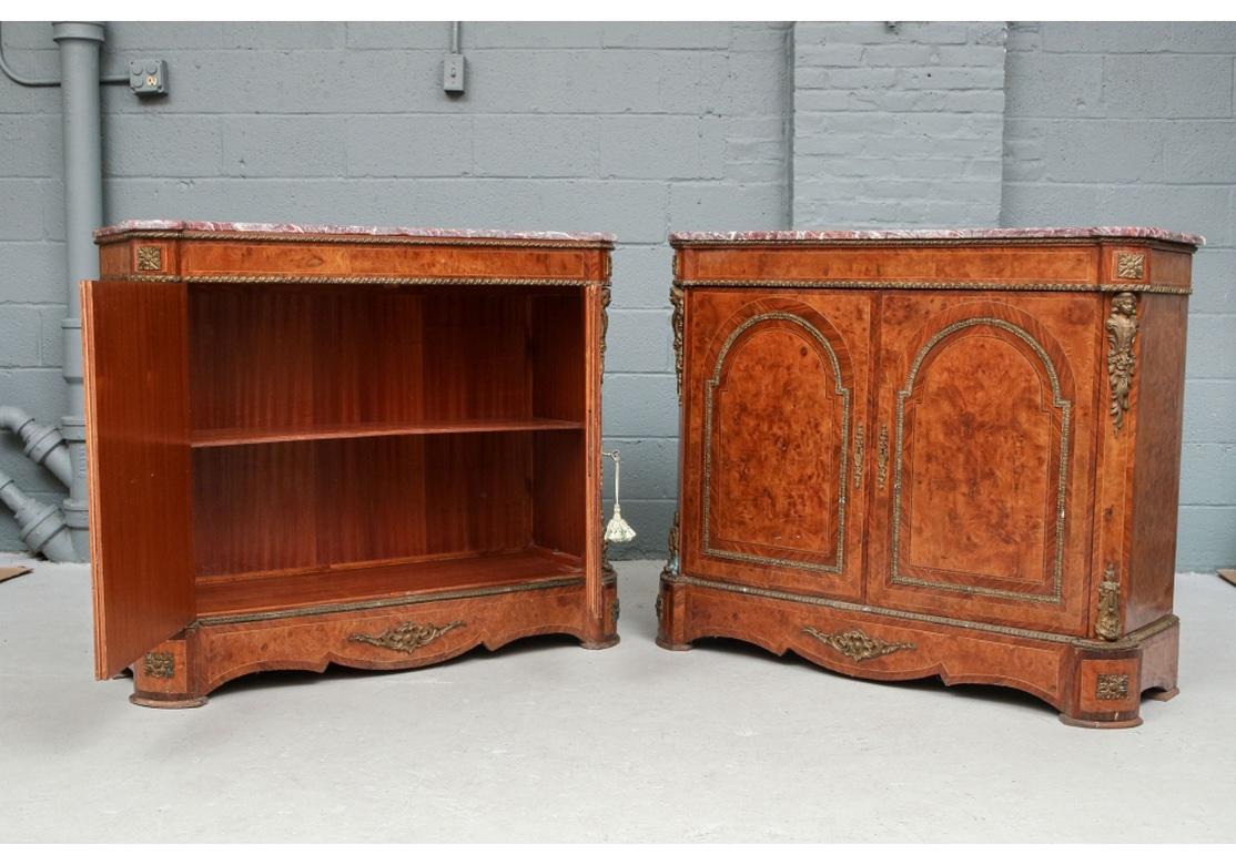 Pair of Exceptional Antique French Marble Top Figured Wood Cabinets In Good Condition For Sale In Bridgeport, CT