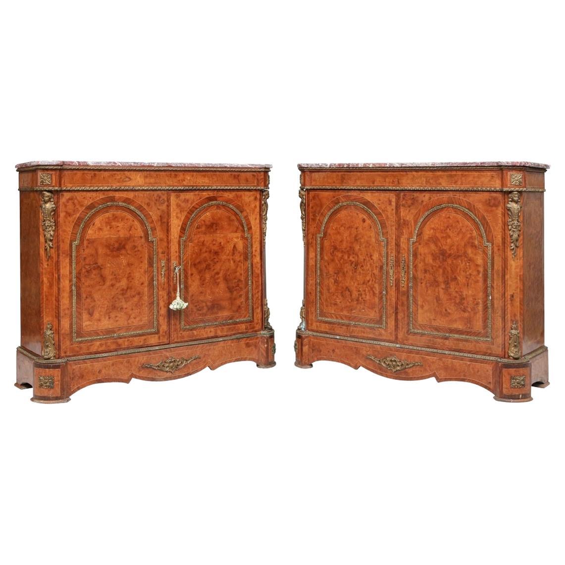 Pair of Exceptional Antique French Marble Top Figured Wood Cabinets For Sale