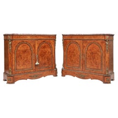 Pair of Exceptional Antique French Marble Top Figured Wood Cabinets