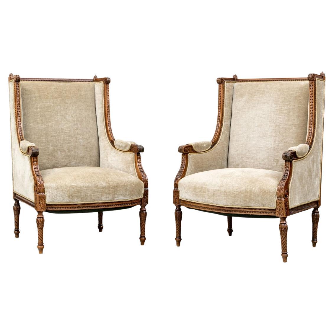 Pair Of Exceptional Antique Louis XVI Carved Wing Back Chairs