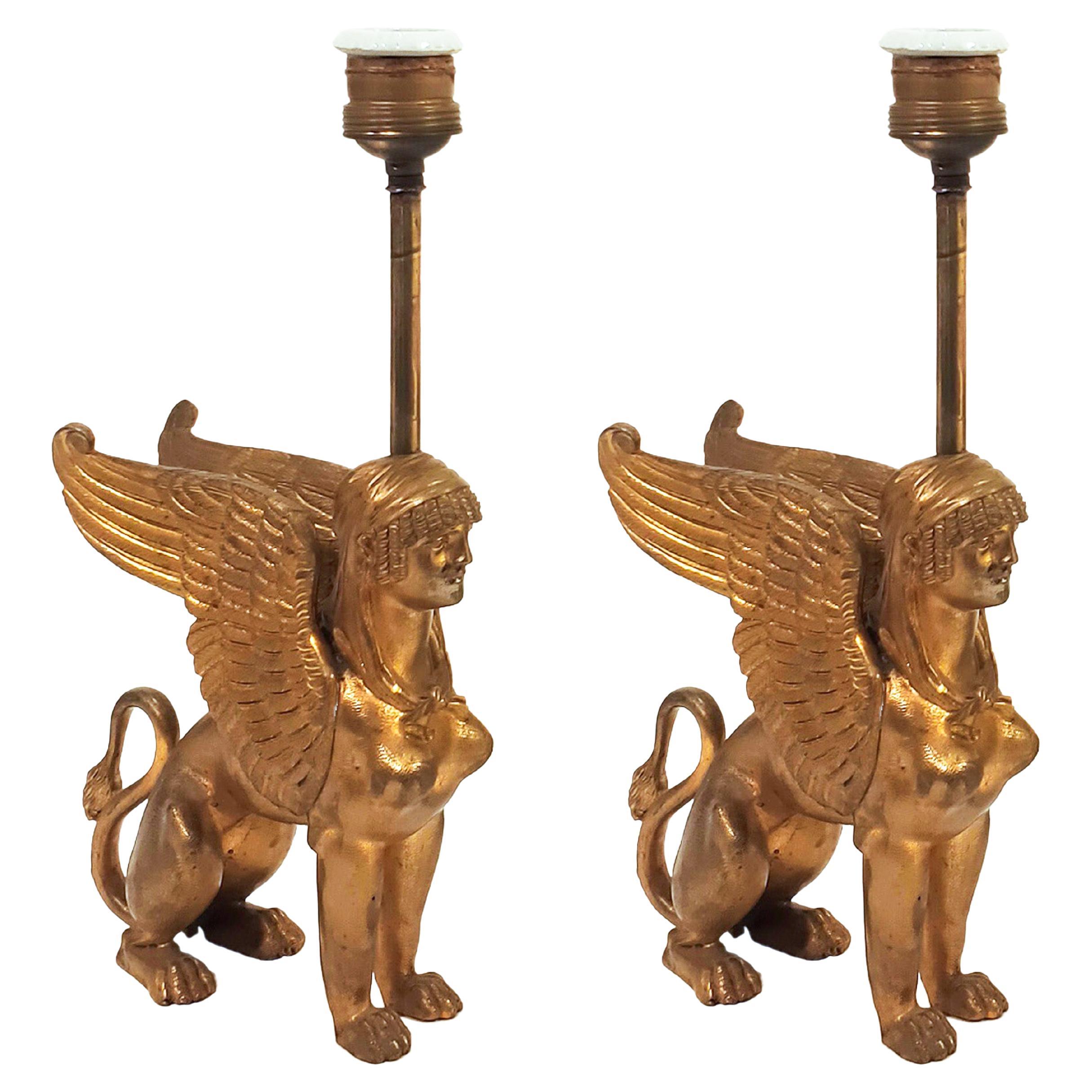 Pair of exceptional Art Déco and Grand tour brass table lamps, France, 1920s For Sale