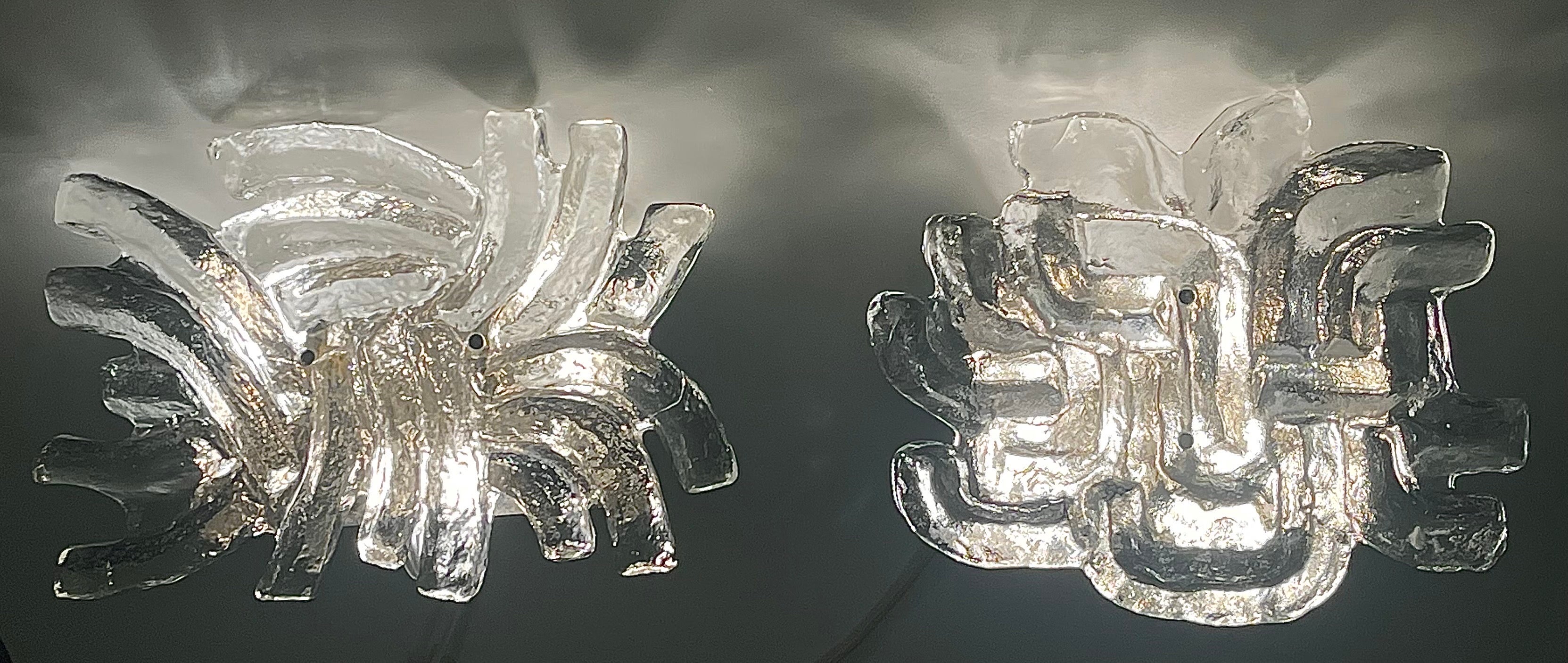 Mid-Century Modern Pair of Exceptional Austrian Ice Glass Wall Sconces by J.T.Kalmar, Vienna, 1960s For Sale