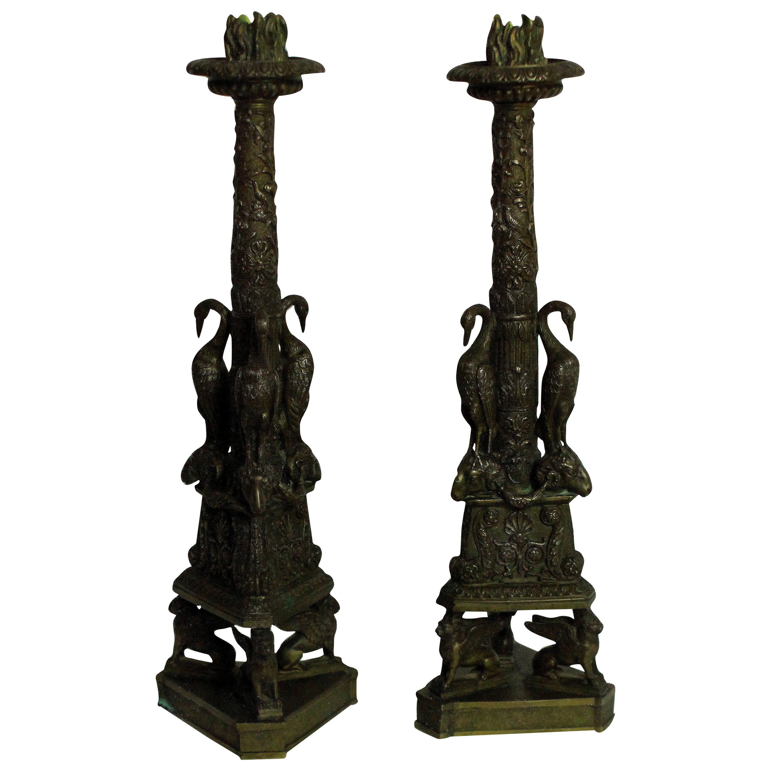 Pair of Exceptional Bronze Candlesticks after the Piranesi Model