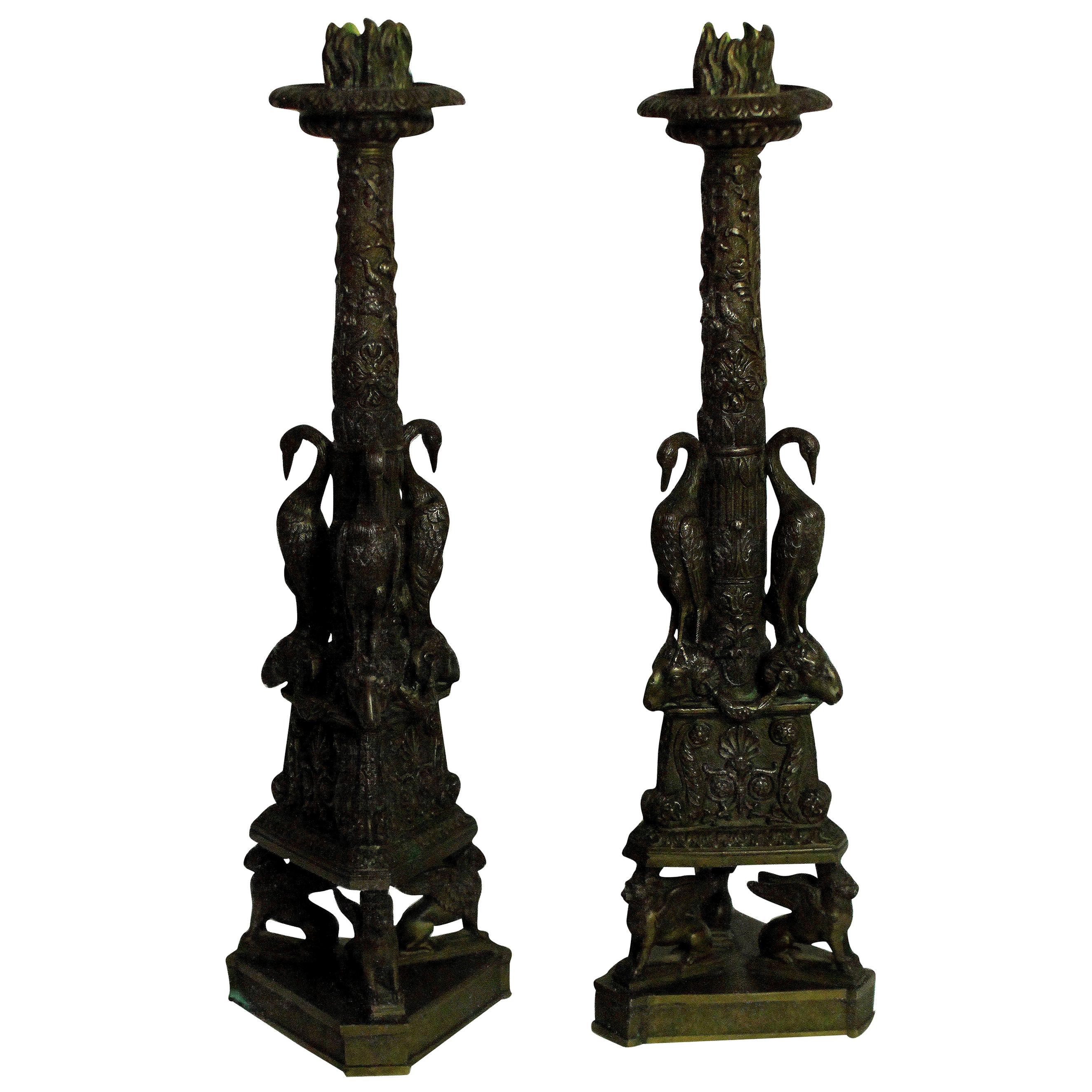 Pair of Exceptional Bronze Candlesticks after the Piranesi Model