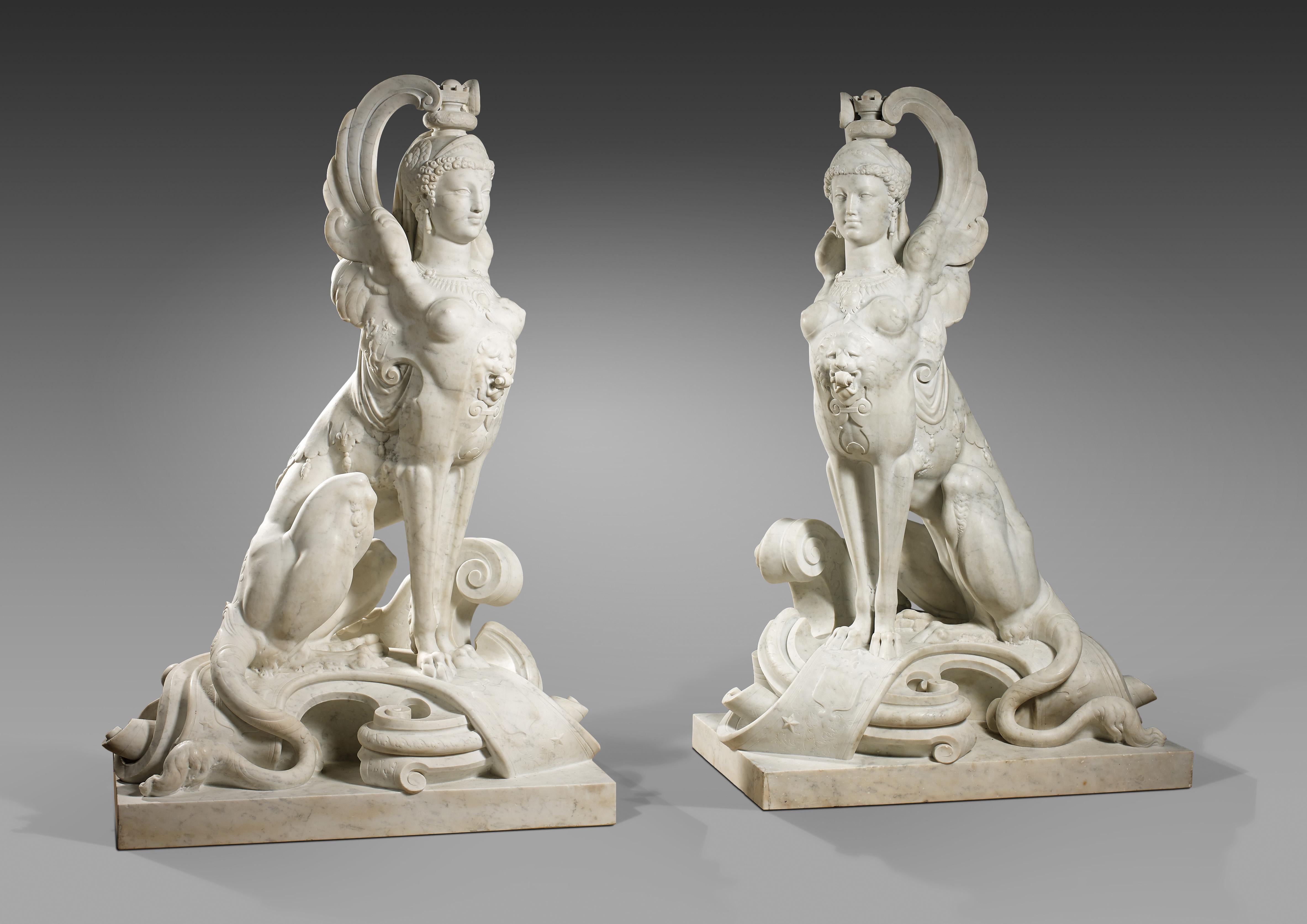 Signed E. Piat  and dated 1873

Exposed under the n°3097 at the Salon of 1874

Each of these sphinges, sculpted in white Carrara marble, stands on a serpentine base made of a large scroll and a phylactery decorated with coats of arms of fantasy.