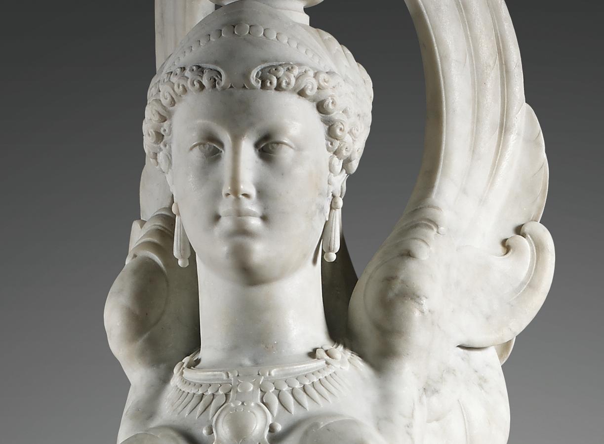 Carved Pair of Exceptional Carrara Marble Winged Sphinges by F.-E. Piat, France, 1873 For Sale