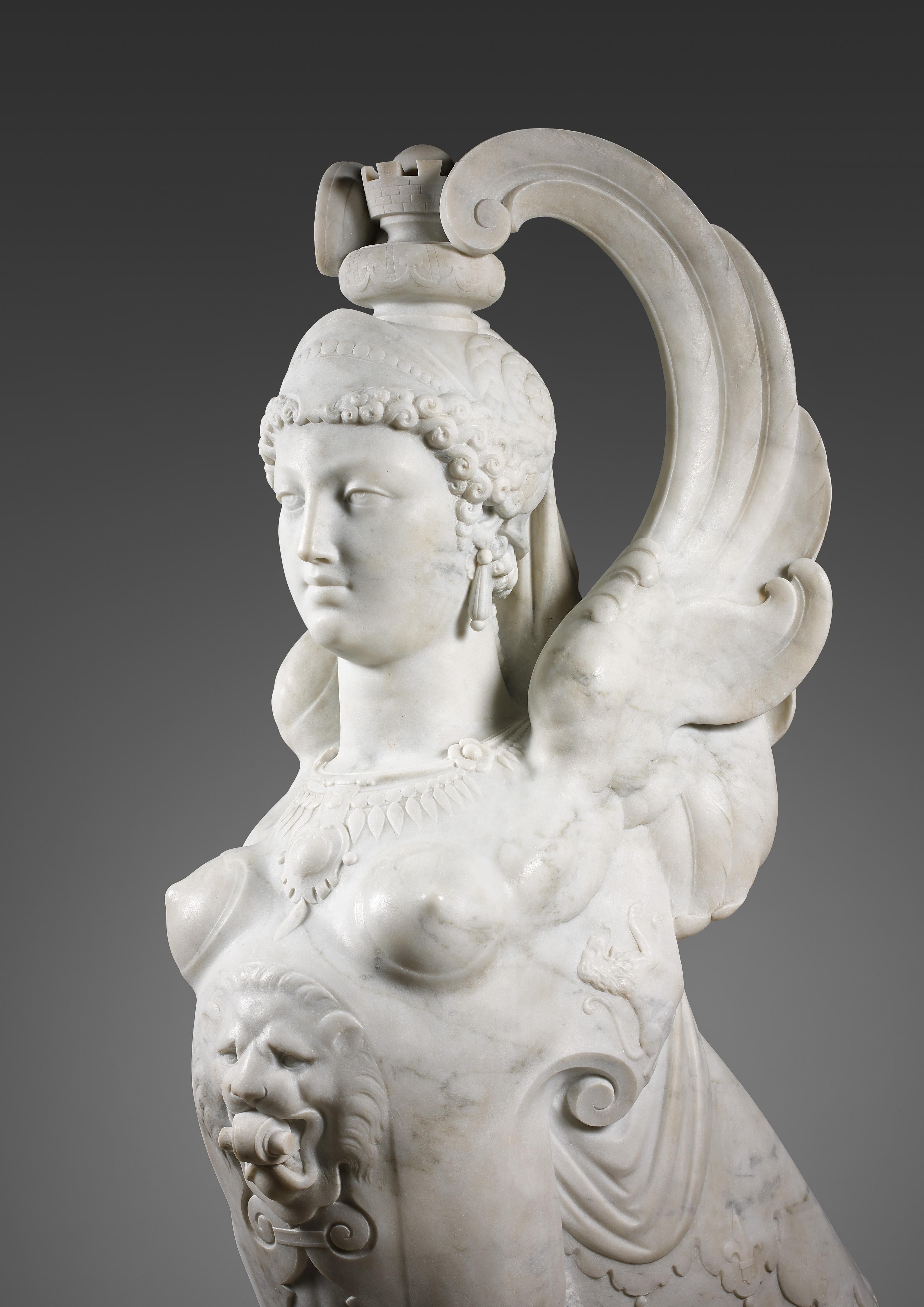Pair of Exceptional Carrara Marble Winged Sphinges by F.-E. Piat, France, 1873 In Good Condition For Sale In PARIS, FR