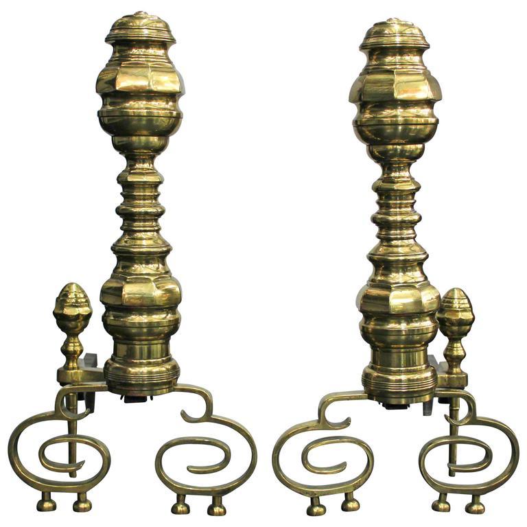North American Pair of Exceptional Decorative Andirons in Polished Brass For Sale