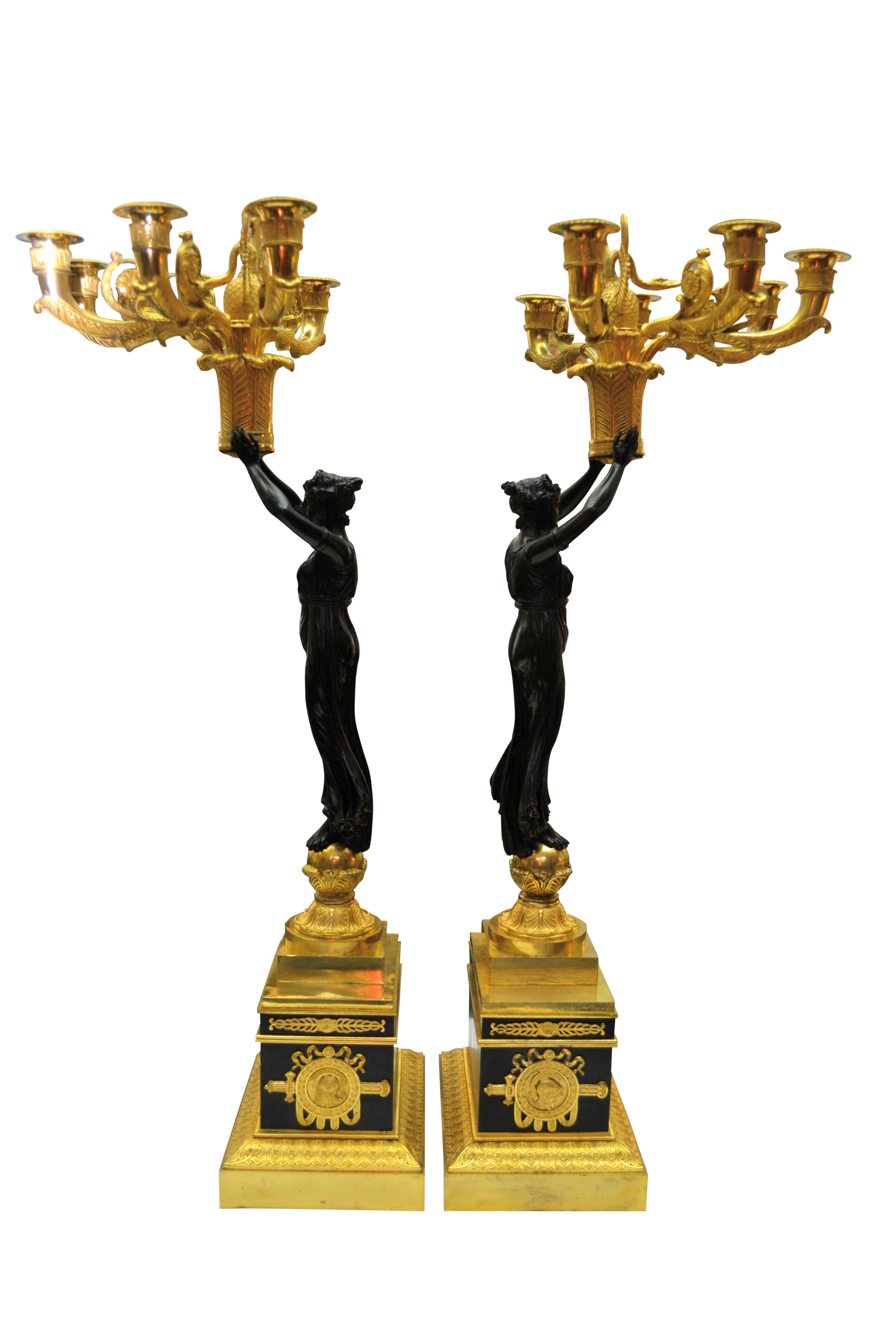 Gilt Pair of Exceptional French Empire Bronze Candelabra after Thomire