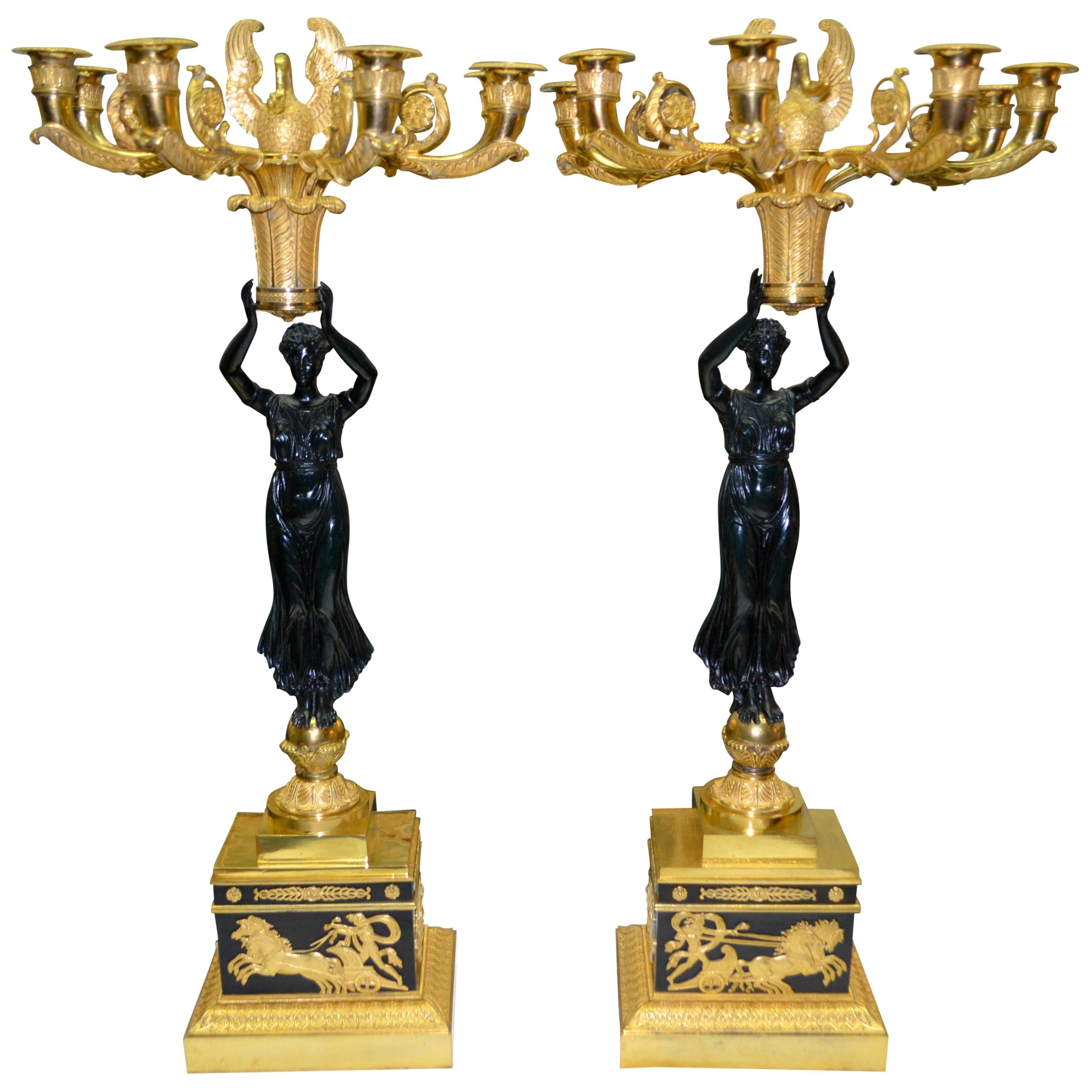 Pair of Exceptional French Empire Bronze Candelabra after Thomire