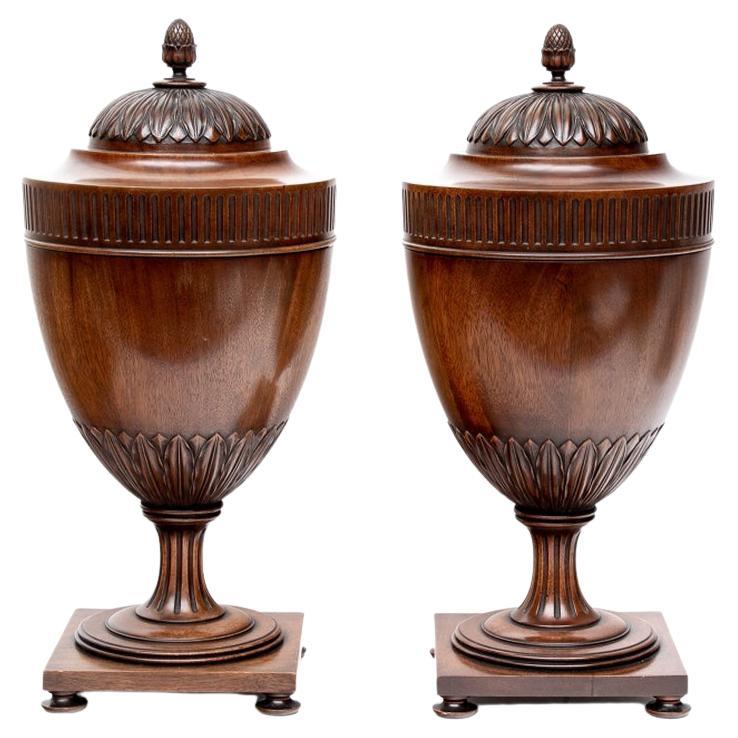Pair of Exceptional Georgian Style Carved Walnut Urn Form Knife Boxes For Sale