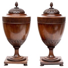Pair of Exceptional Georgian Style Carved Walnut Urn Form Knife Boxes