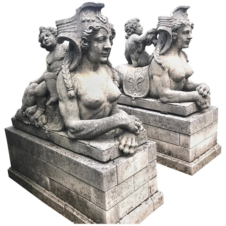 Pair of Exceptional Italian Sphinx Limestone Statues at 1stDibs