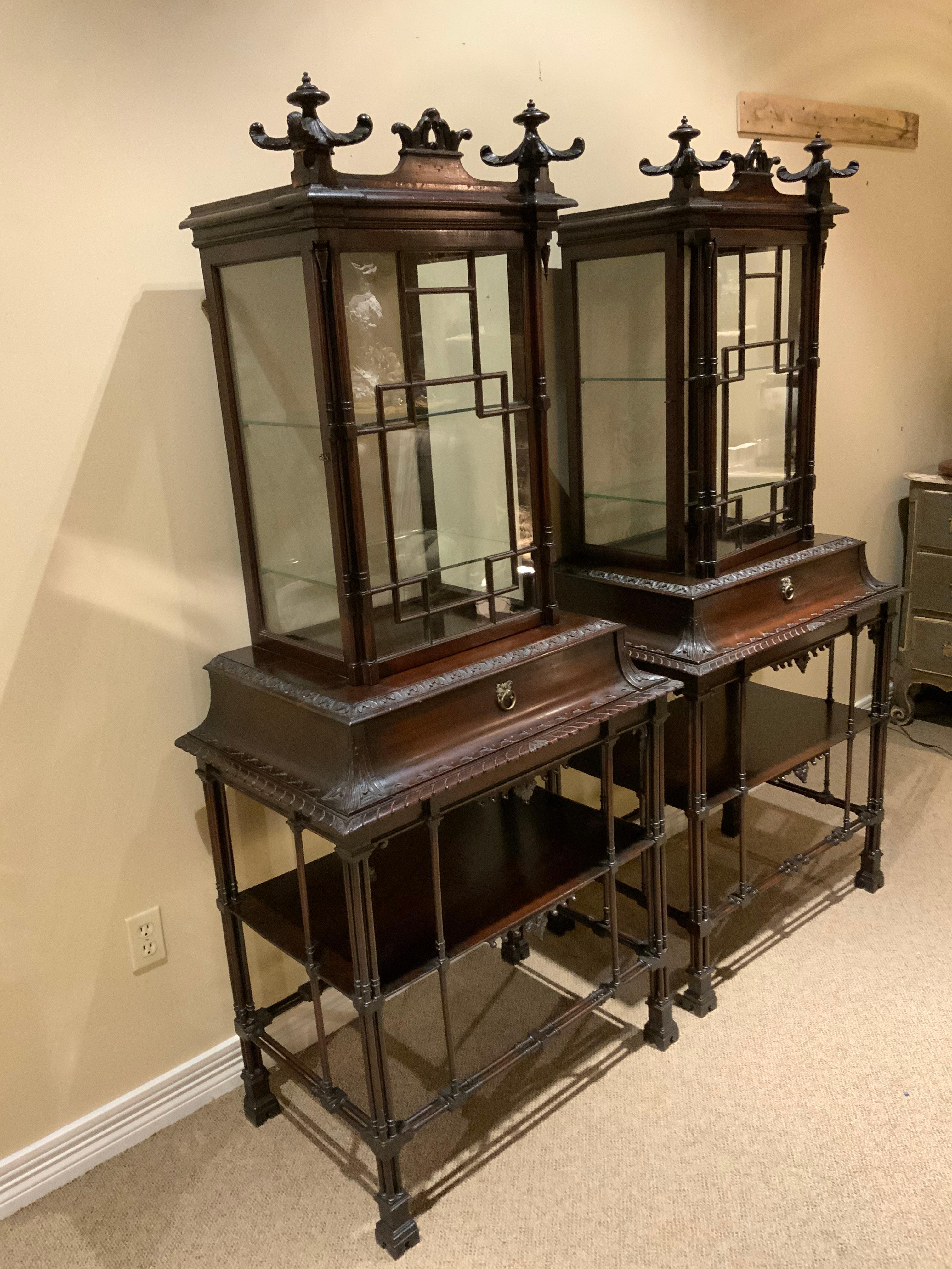 19th Century Pair of Exceptional Mahogany Chinese Chippendale Style Display Cabinets, C 1870