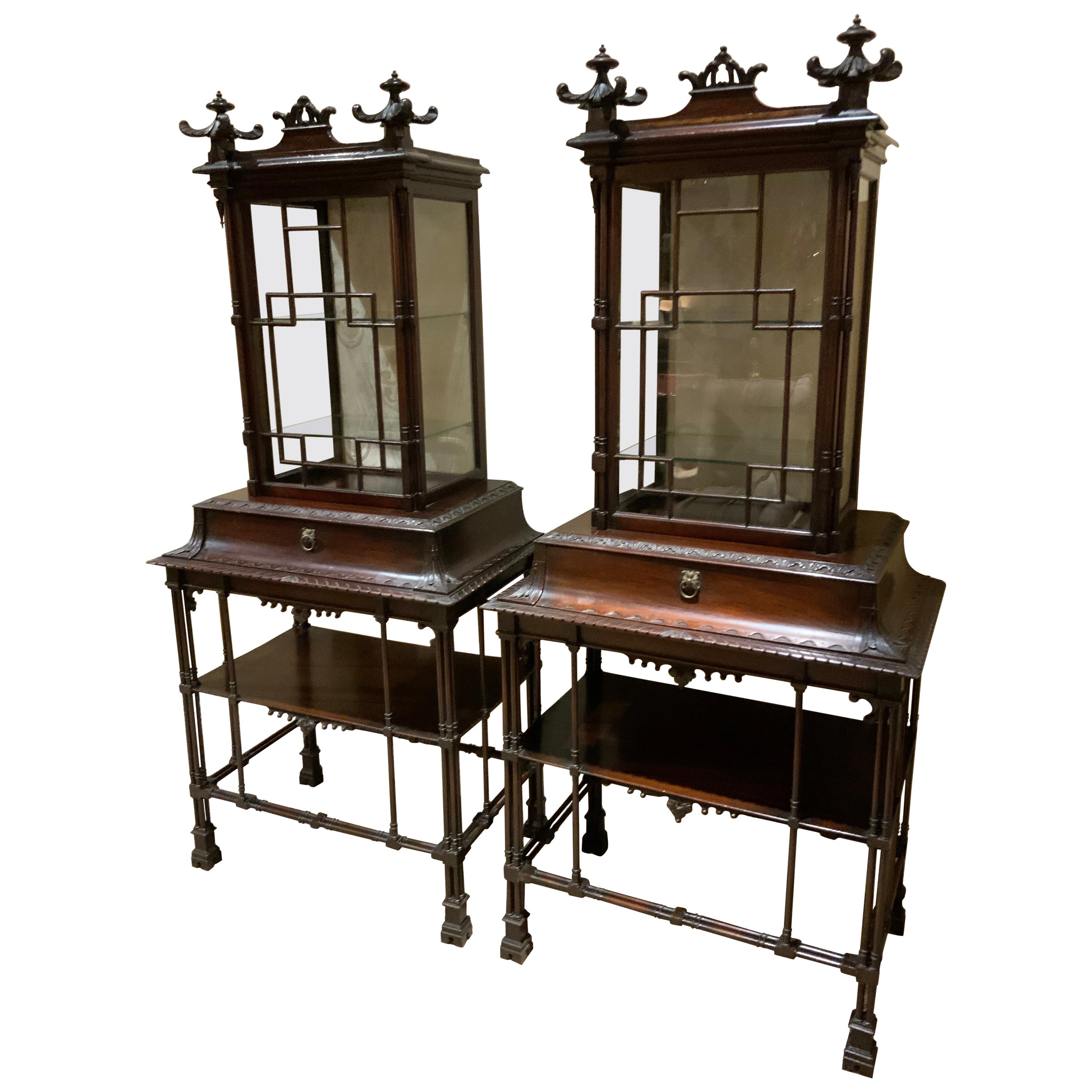 Pair of Exceptional Mahogany Chinese Chippendale Style Display Cabinets, C 1870