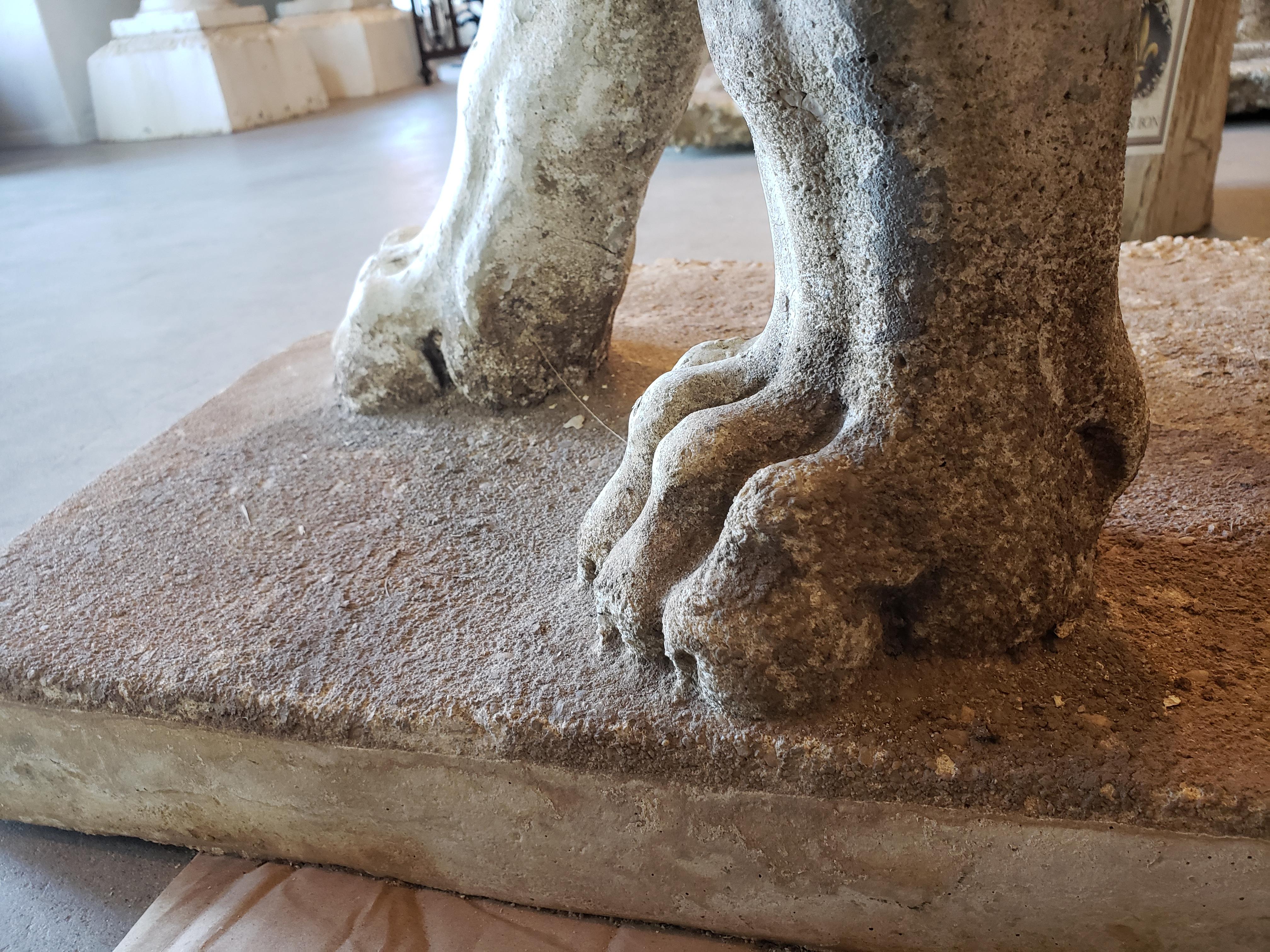 20th Century Pair of Exceptional Opposing Cement Lions with Hand Scraped Finish For Sale