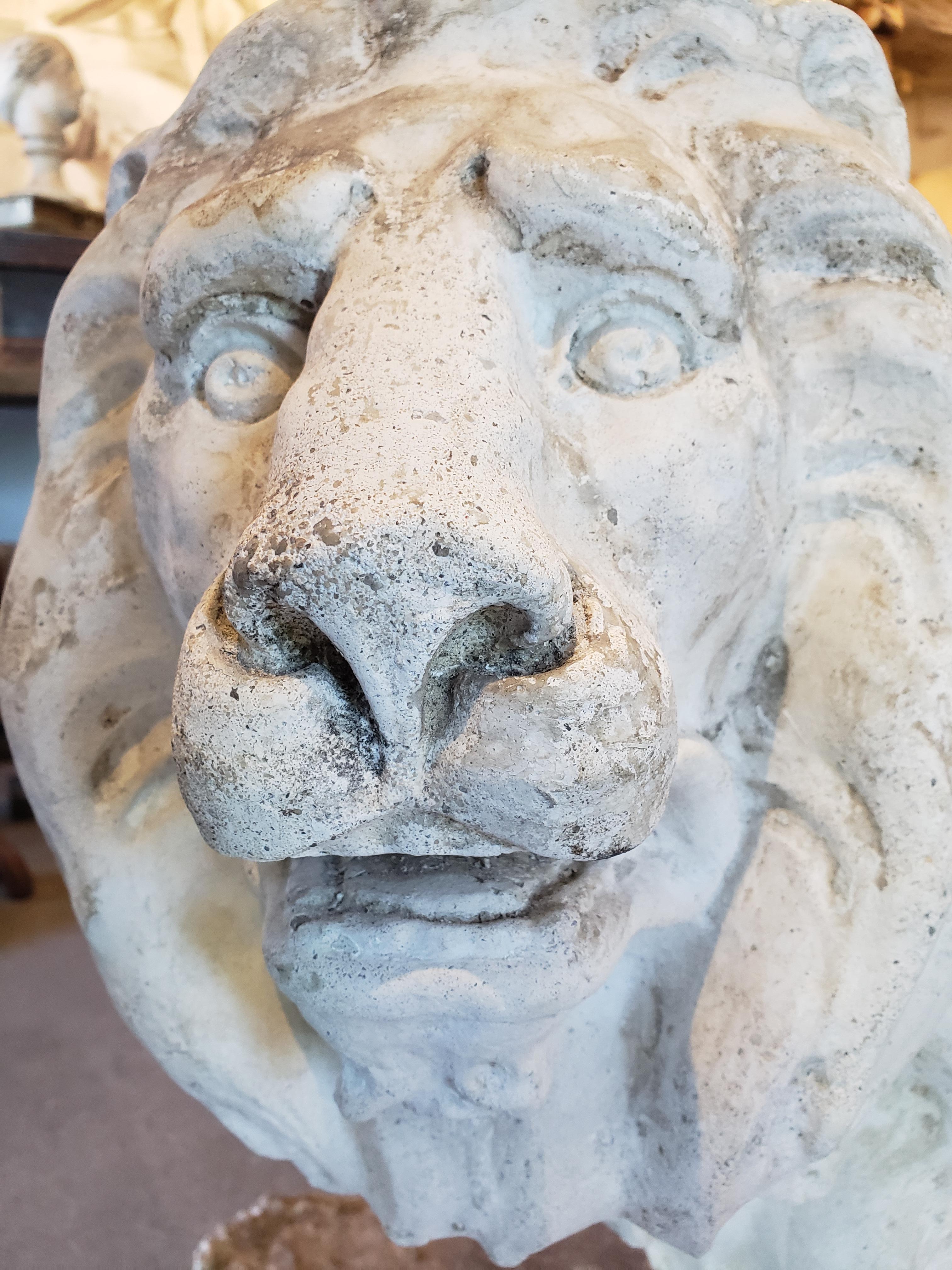 Pair of Exceptional Opposing Cement Lions with Hand Scraped Finish For Sale 4