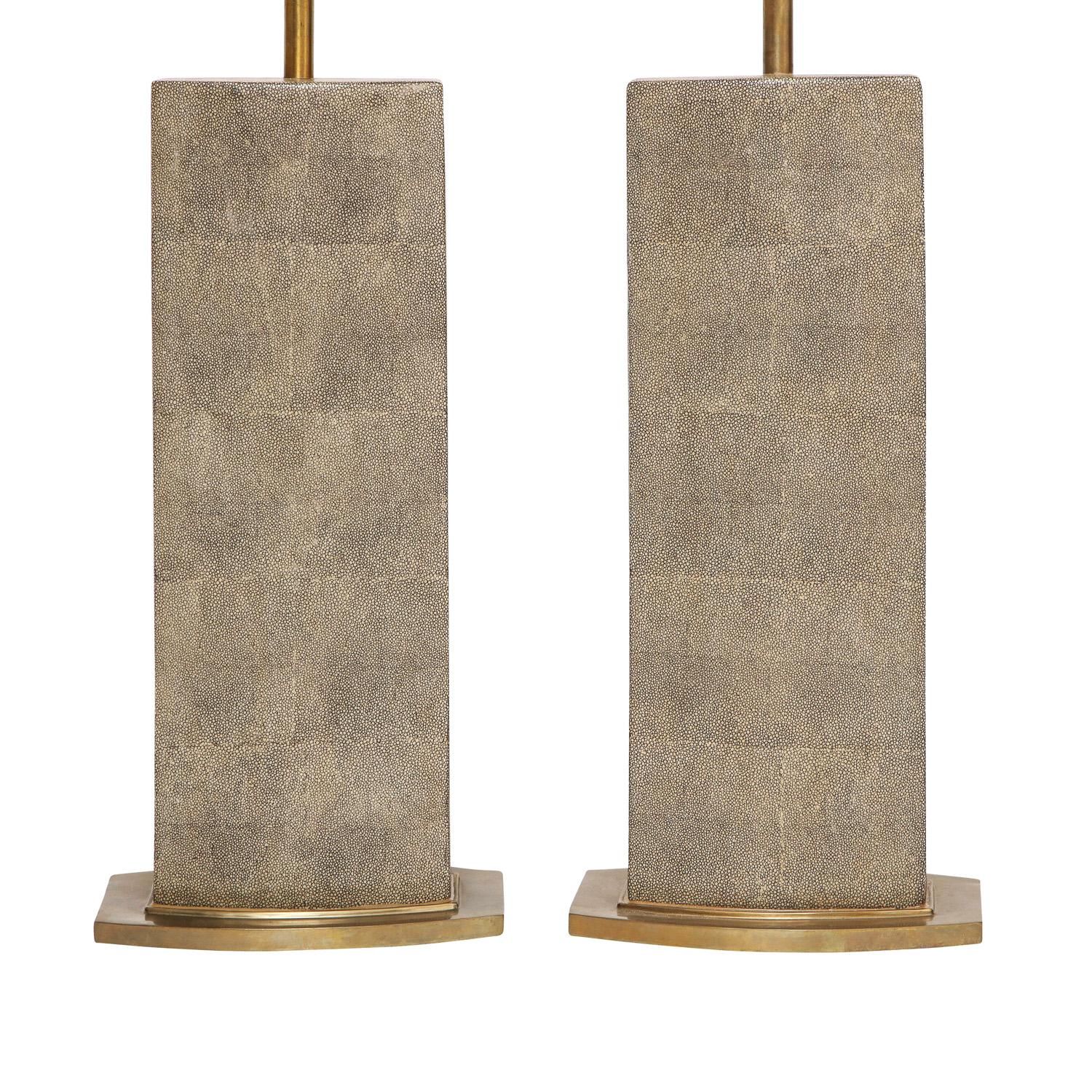 Pair of large artisan table lamps in taupe shagreen with brass bases and hardware, custom design, American 1970's. These lamps are of the highest quality and very refined.

Shade Diameter: 16 inches
Shade Height: 13 inches.