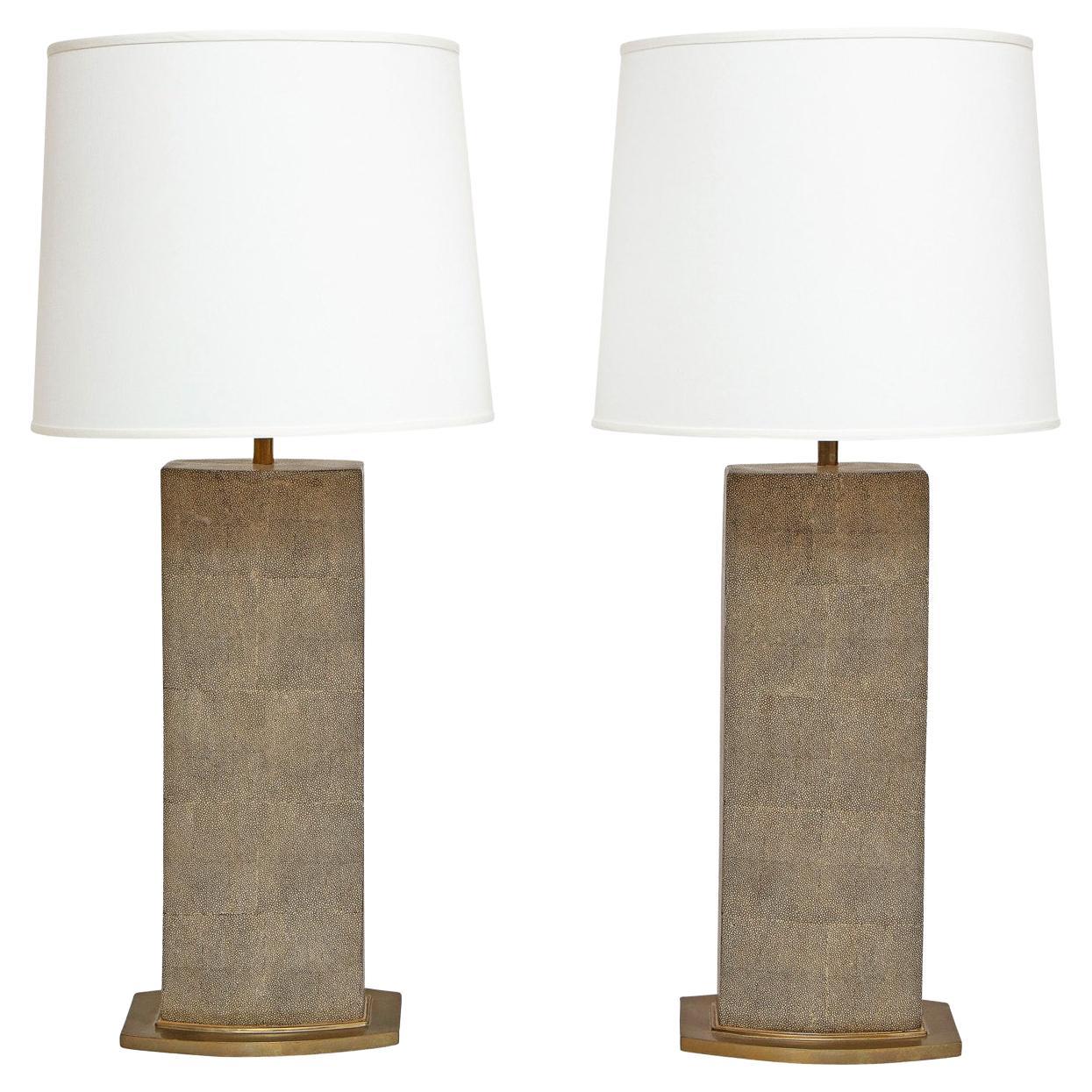 Pair of Exceptional Table Lamps in Shagreen and Bronze 1970s For Sale