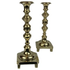 Russian Solid Brass Footed Candlesticks with Square Bases, 19th c.