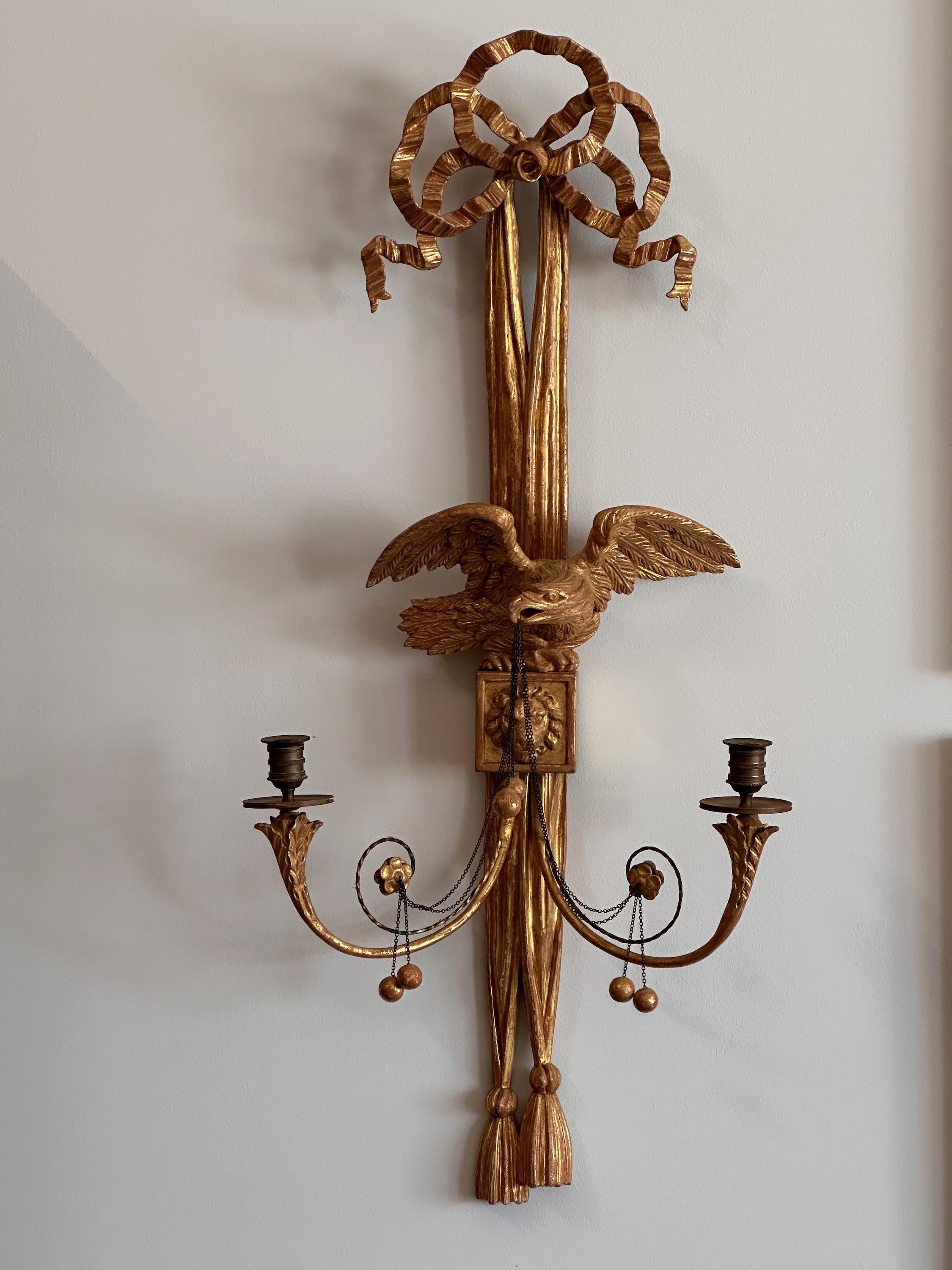 Hand-Crafted Pair of Exceptionally Large English Regency Carved Giltwood Sconces