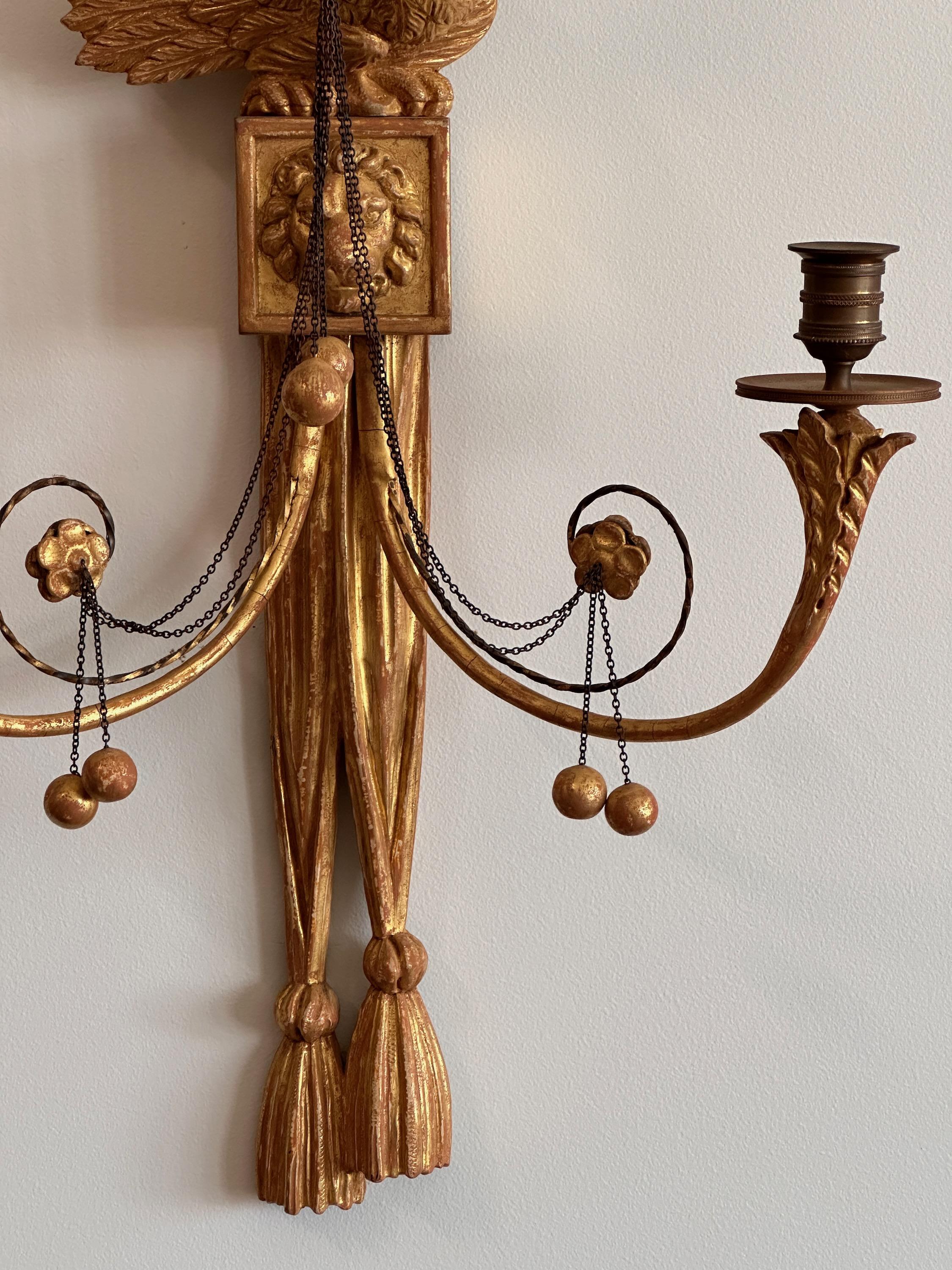 Pair of Exceptionally Large English Regency Carved Giltwood Sconces 2