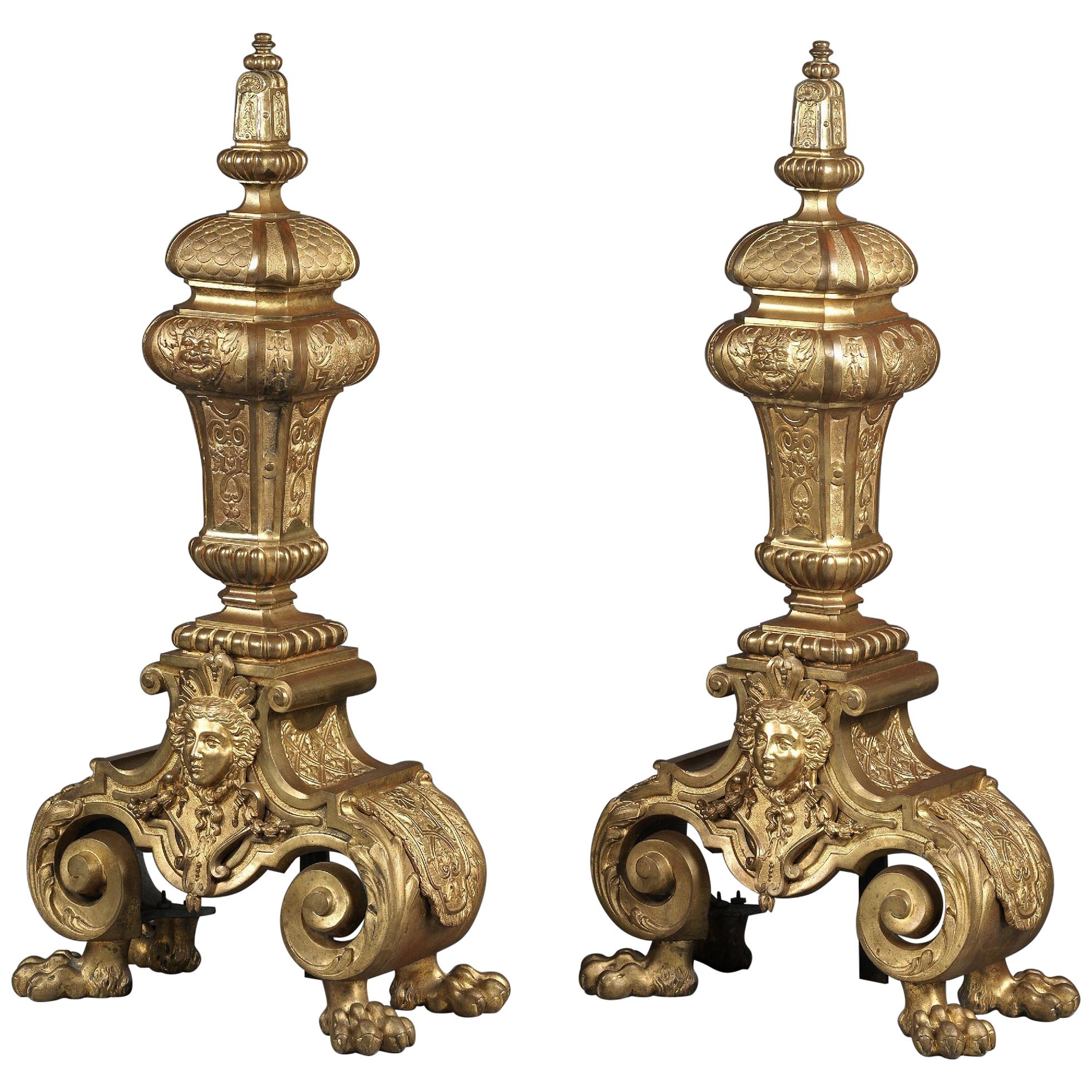 Pair of Exceptionally Large Regence Style Gilt-Bronze Chenets, circa 1860