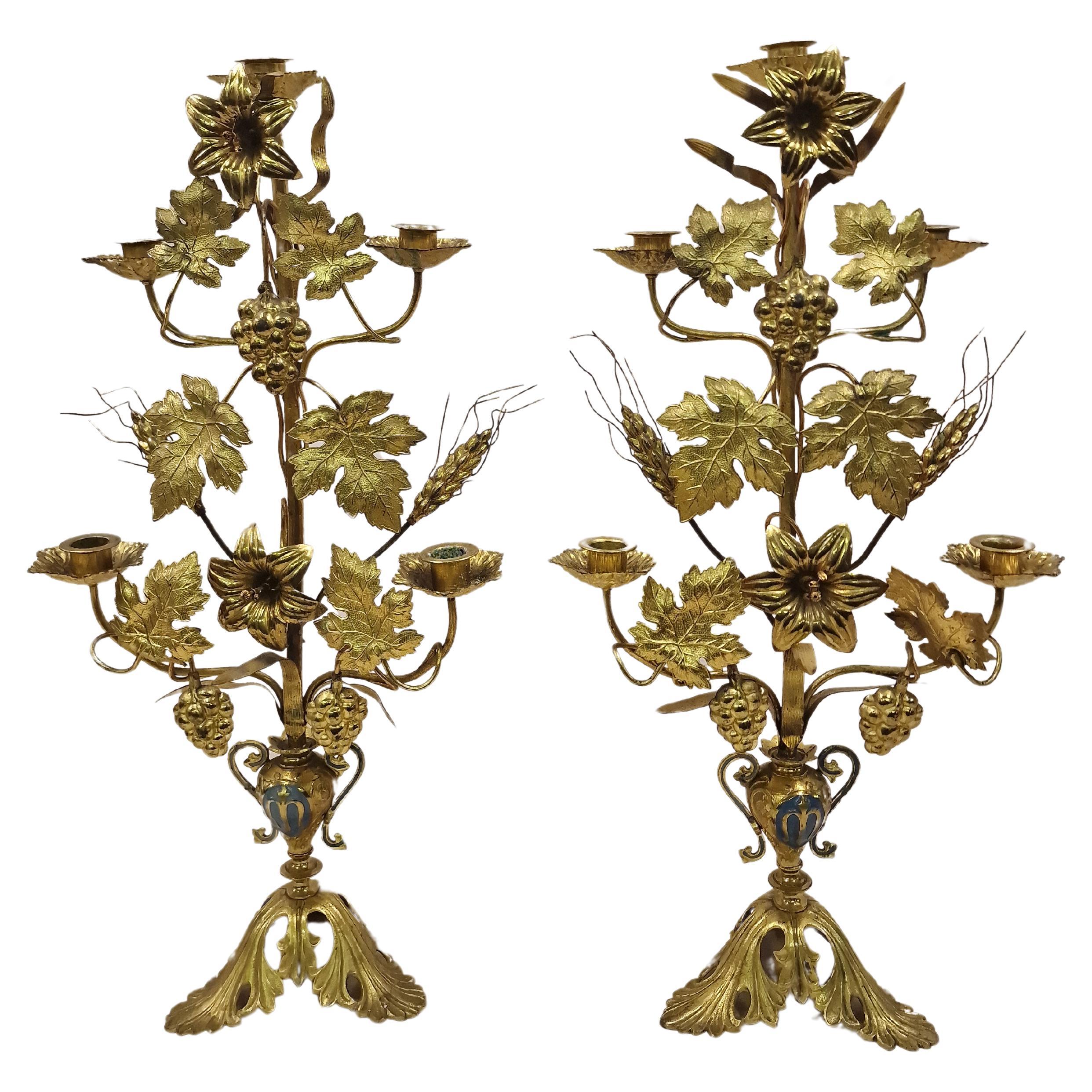 Pair of exceptionally rare thanksgiving candle sticks holders enamel brass, 1900 For Sale
