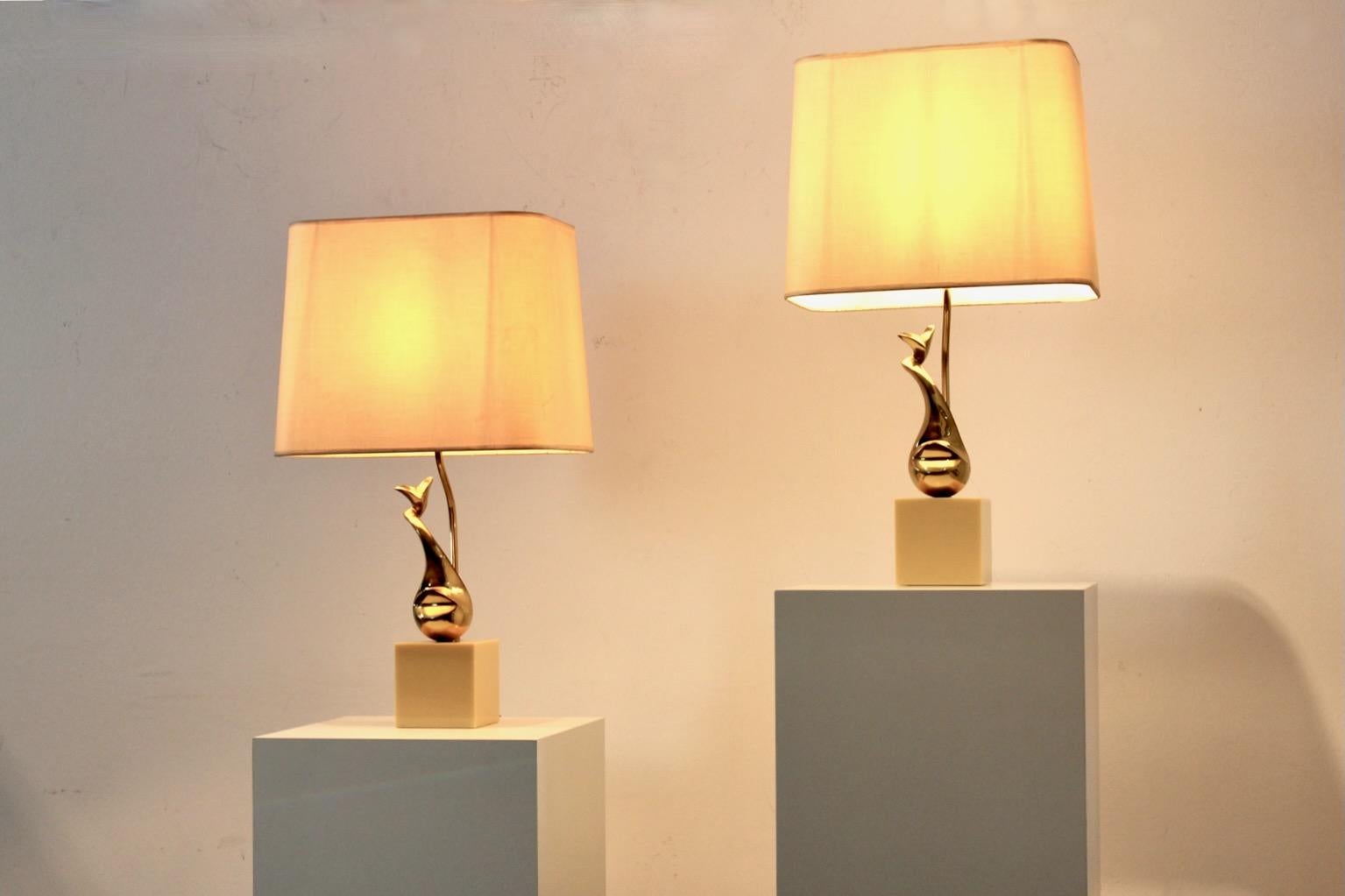 Pair of Exclusive Philippe-Jean Brass Art Sculpture Table Lamps, Signed For Sale 4