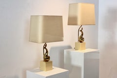 Pair of Exclusive Philippe-Jean Brass Art Sculpture Table Lamps, Signed