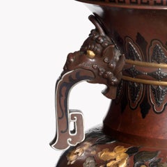Pair of Exhibition Quality Meiji Period Rotating Bronze and Mixed Metal Vases