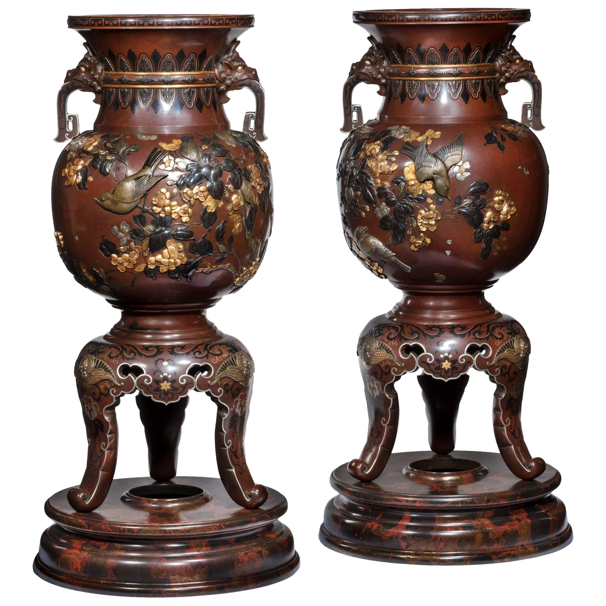 Pair of Exhibition Quality Meiji Period Rotating Bronze and Mixed Metal Vases For Sale