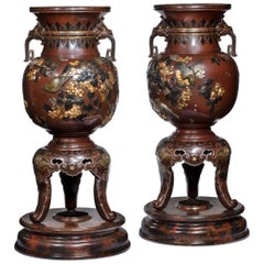 Pair of Exhibition Quality Meiji Period Rotating Bronze and Mixed Metal Vases