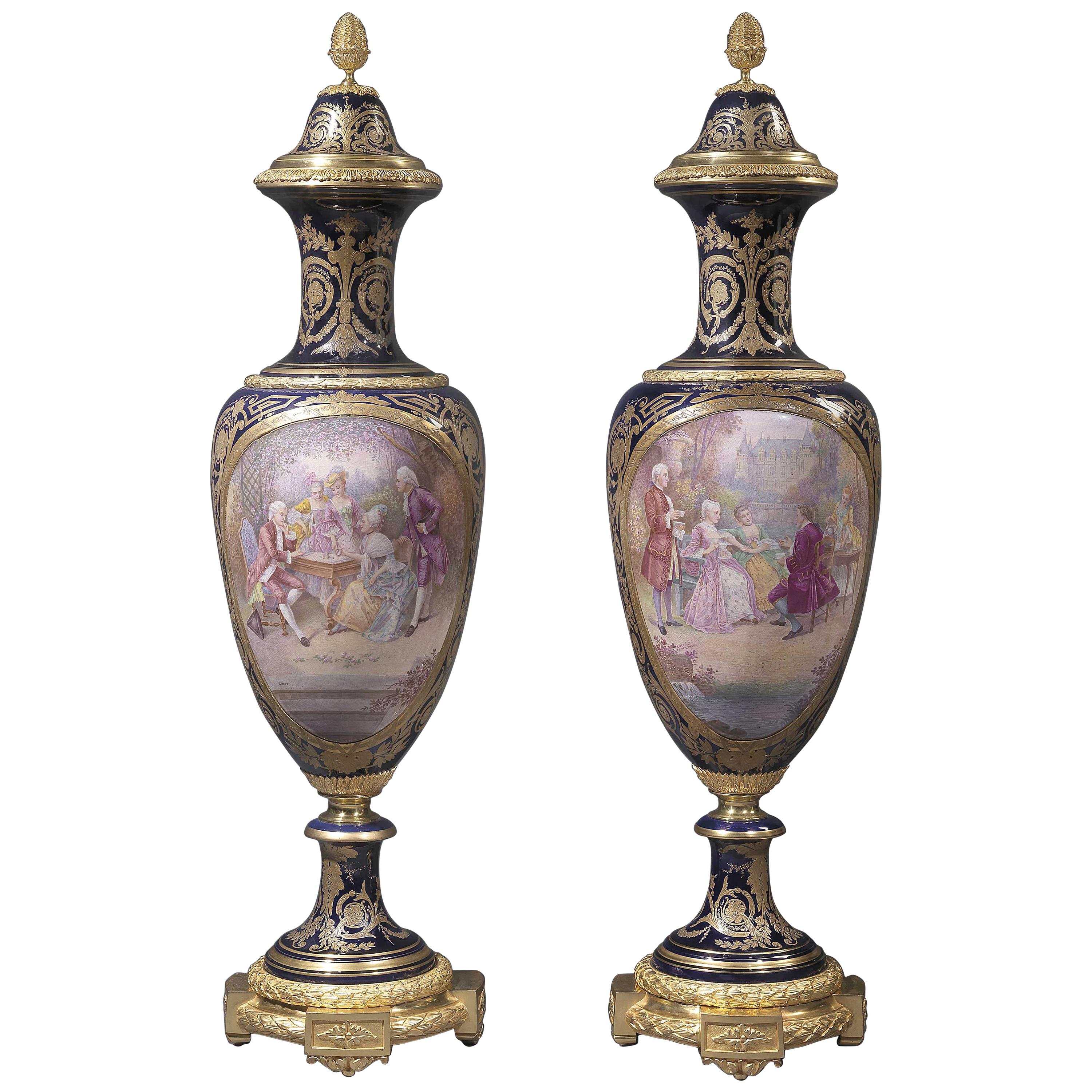 Pair of Exhibition Quality Sèvres-Style Porcelain Vases