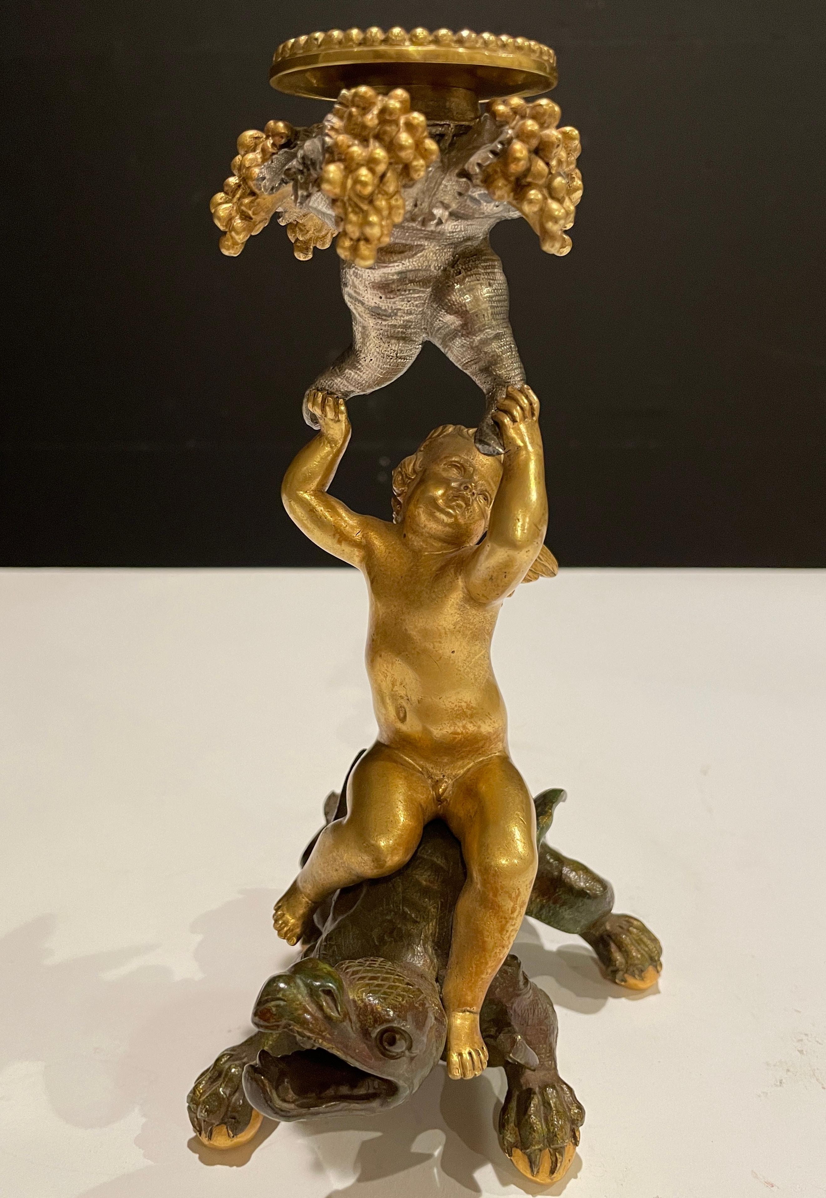 Pair Of Exotic Gilt And Patinated Bronze Candle Sticks In Good Condition For Sale In Norwood, NJ