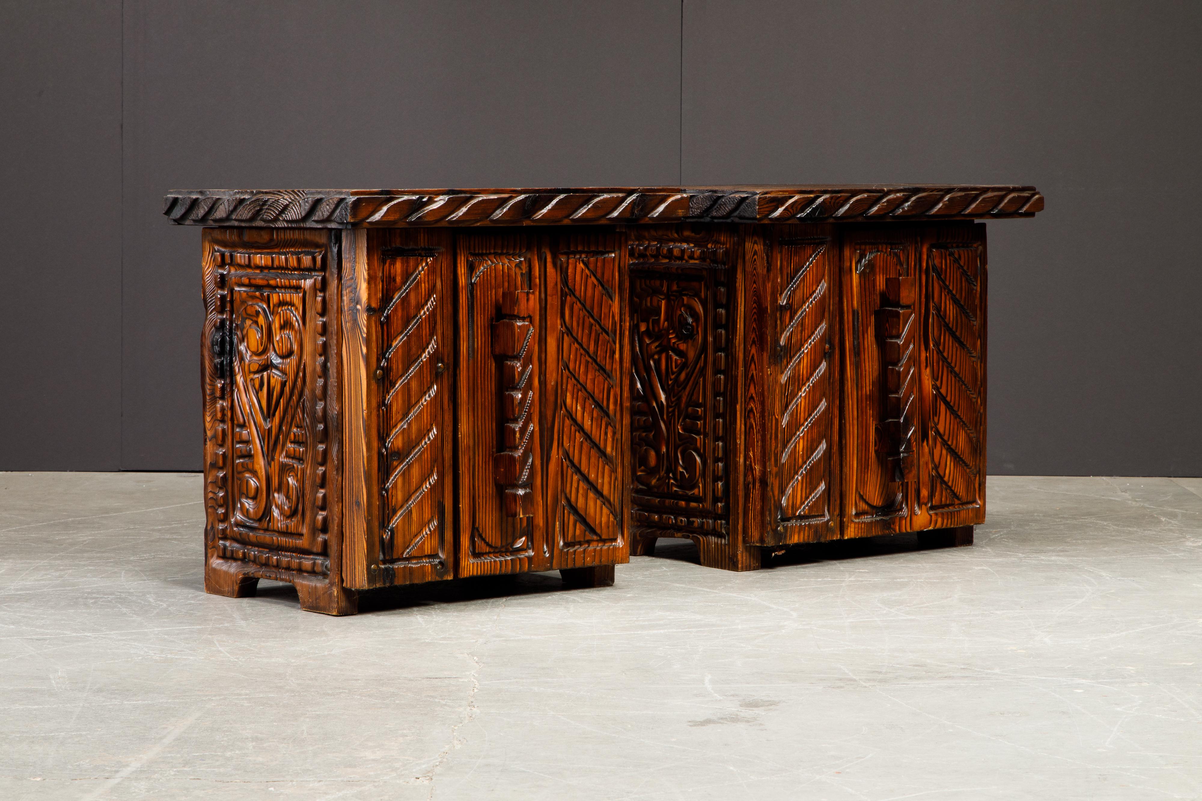 Mid-Century Modern Pair of Exotic Carved End Tables by William Westenhaver for Witco, c 1950