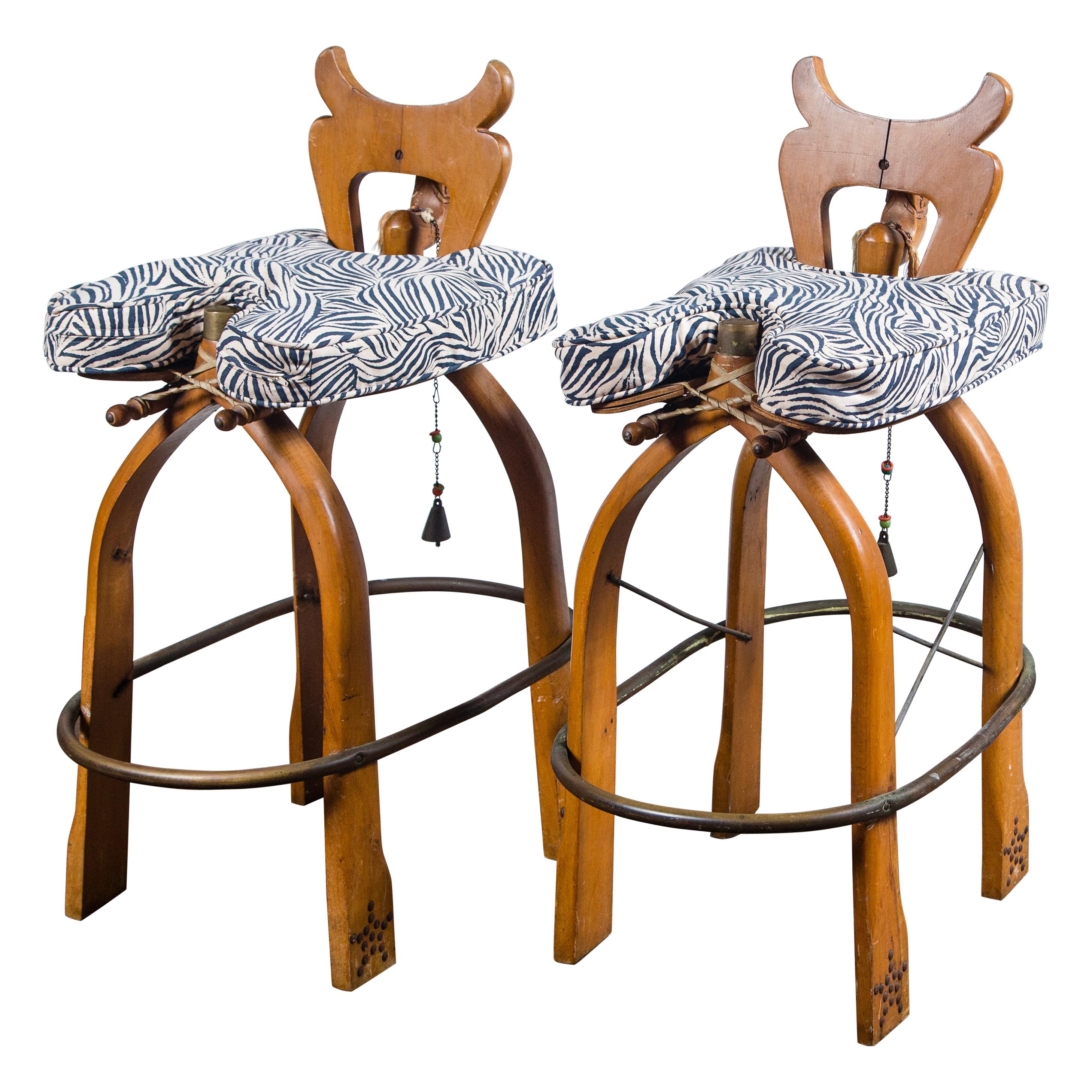 Pair of Exotic Carved Wood Camel Bar Stools For Sale