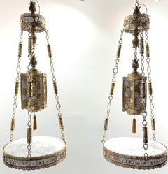Pair of Exotic Moorish Hanging Brass & Crystal Lantern & Marble Side Tables