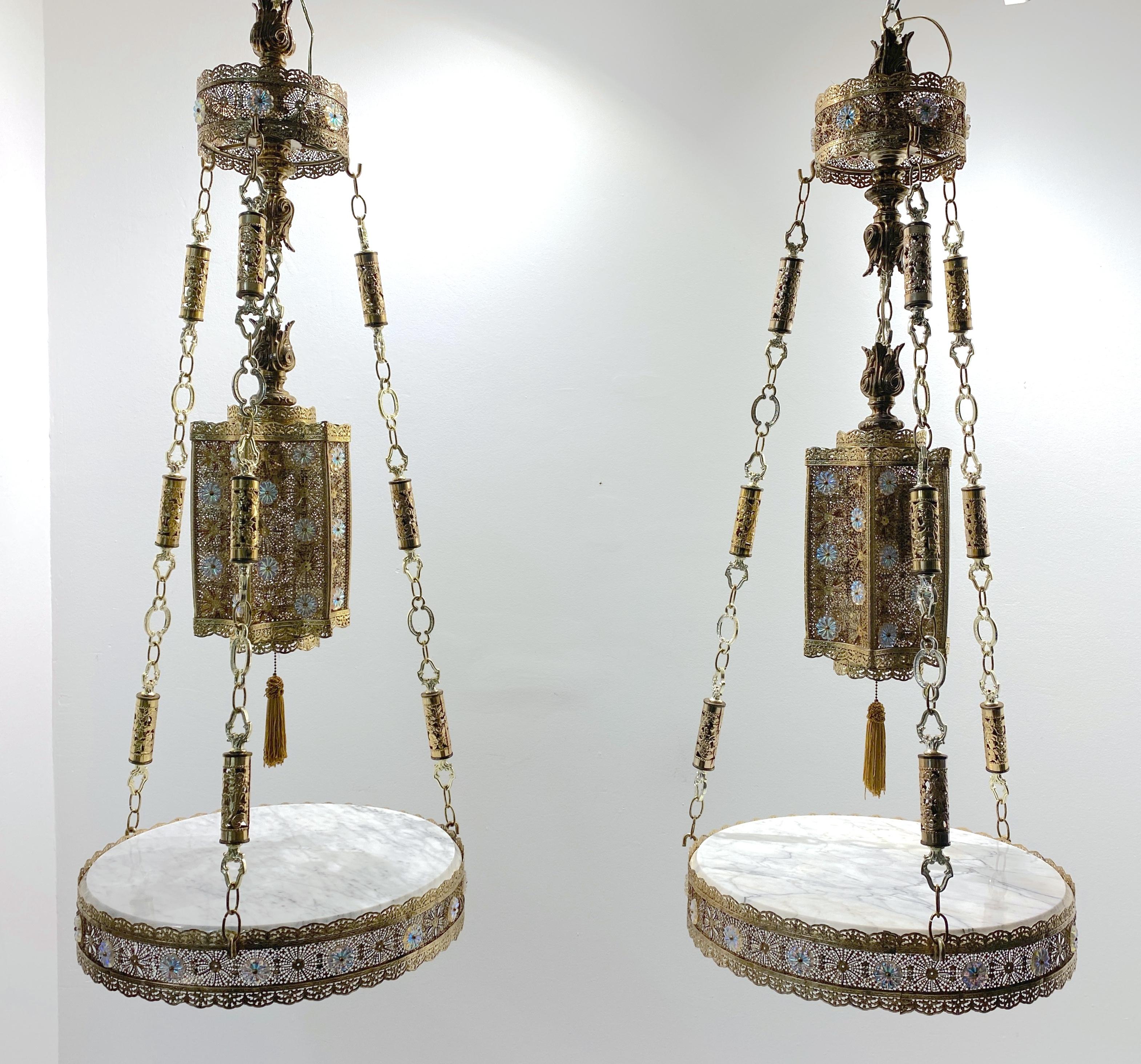 Italian Pair of Exotic Moorish Hanging Brass & Crystal Lantern & Marble Side Tables  For Sale