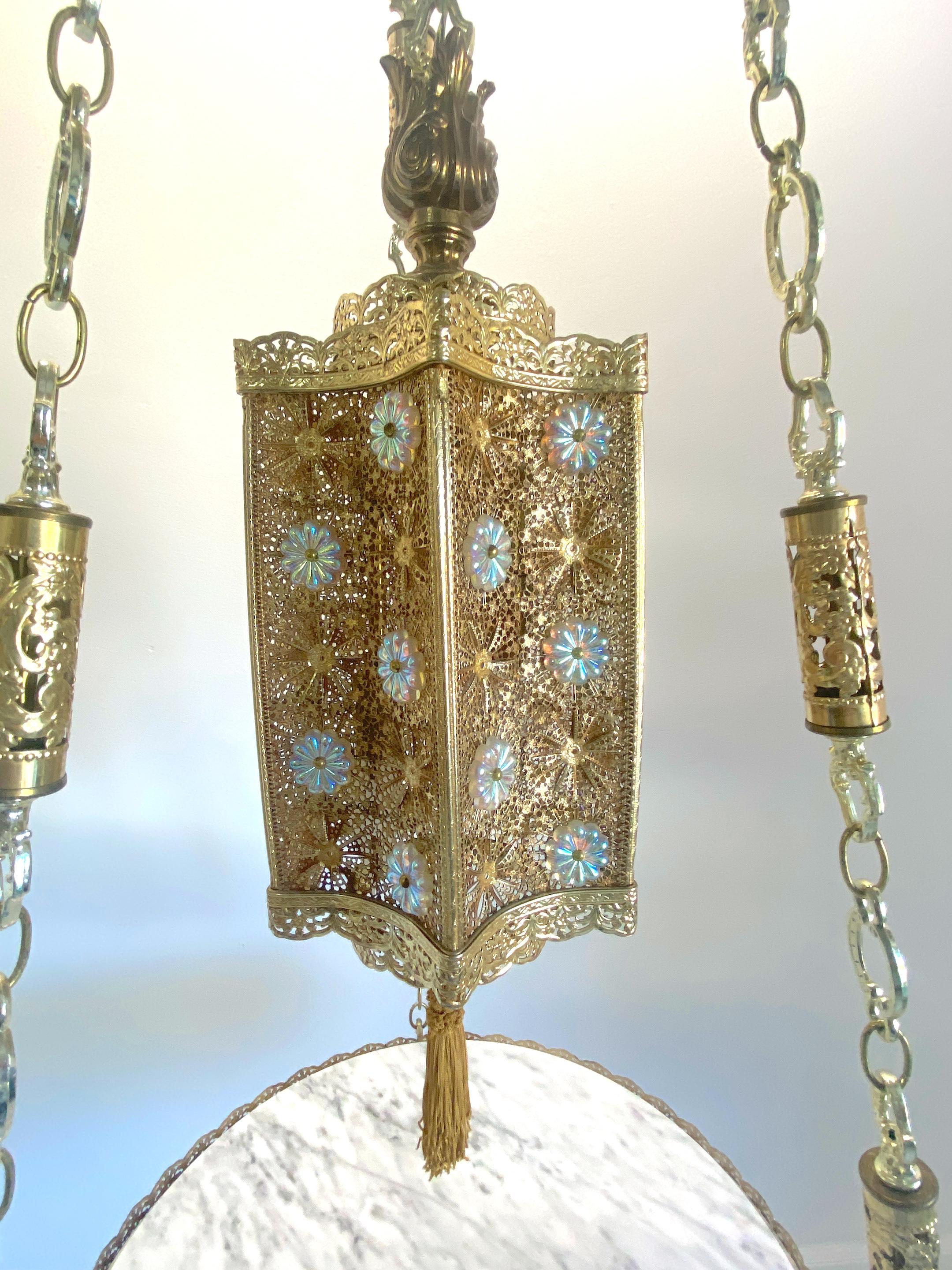 Gilt Pair of Exotic Moorish Hanging Brass & Crystal Lantern & Marble Side Tables  For Sale