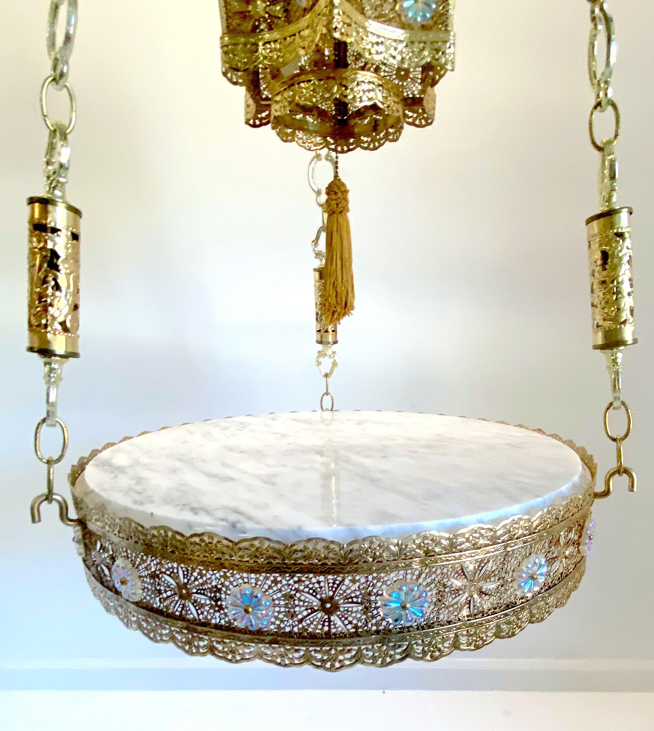 Pair of Exotic Moorish Hanging Brass & Crystal Lantern & Marble Side Tables  In Good Condition For Sale In West Palm Beach, FL